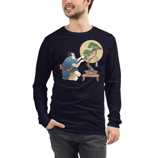 Samurai and Bonsai Tree Japanese Ukiyo-e Unisex Long Sleeve Tee 2 - Samurai Original