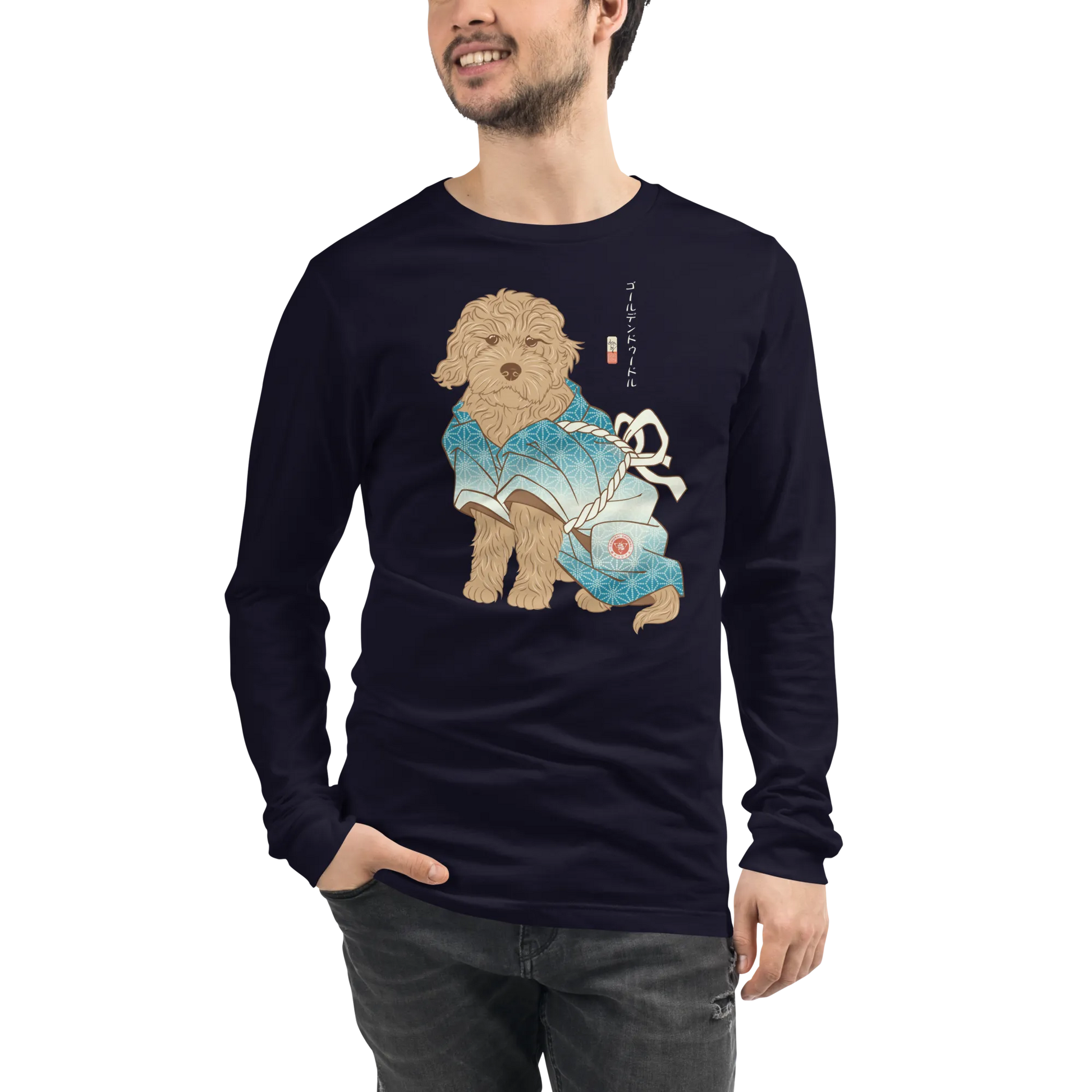 Golden Doodle Dog Funny Japanese Ukiyo-e Unisex Long Sleeve Tee - Navy / S