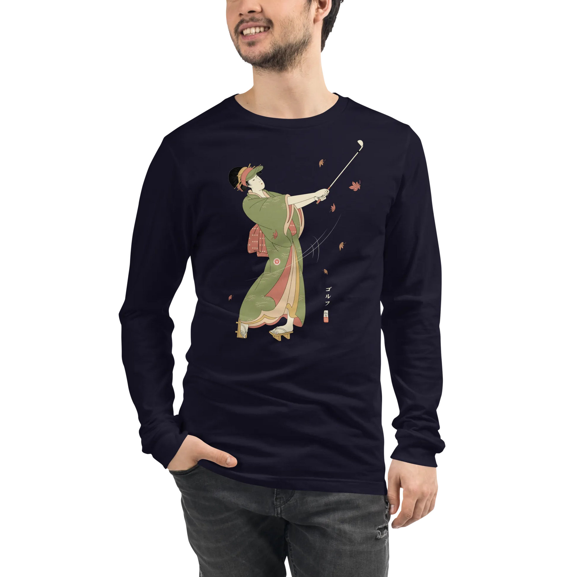 Geisha Golf Player Japanese Ukiyo-e Unisex Long Sleeve Tee - Navy / S