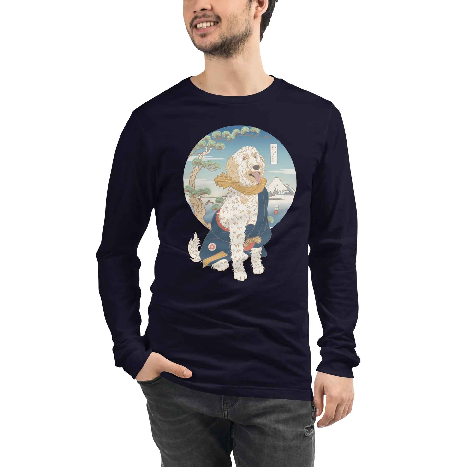 Golden Doodle Dog Funny Japanese Ukiyo-e Unisex Long Sleeve Tee 2 - Navy / S