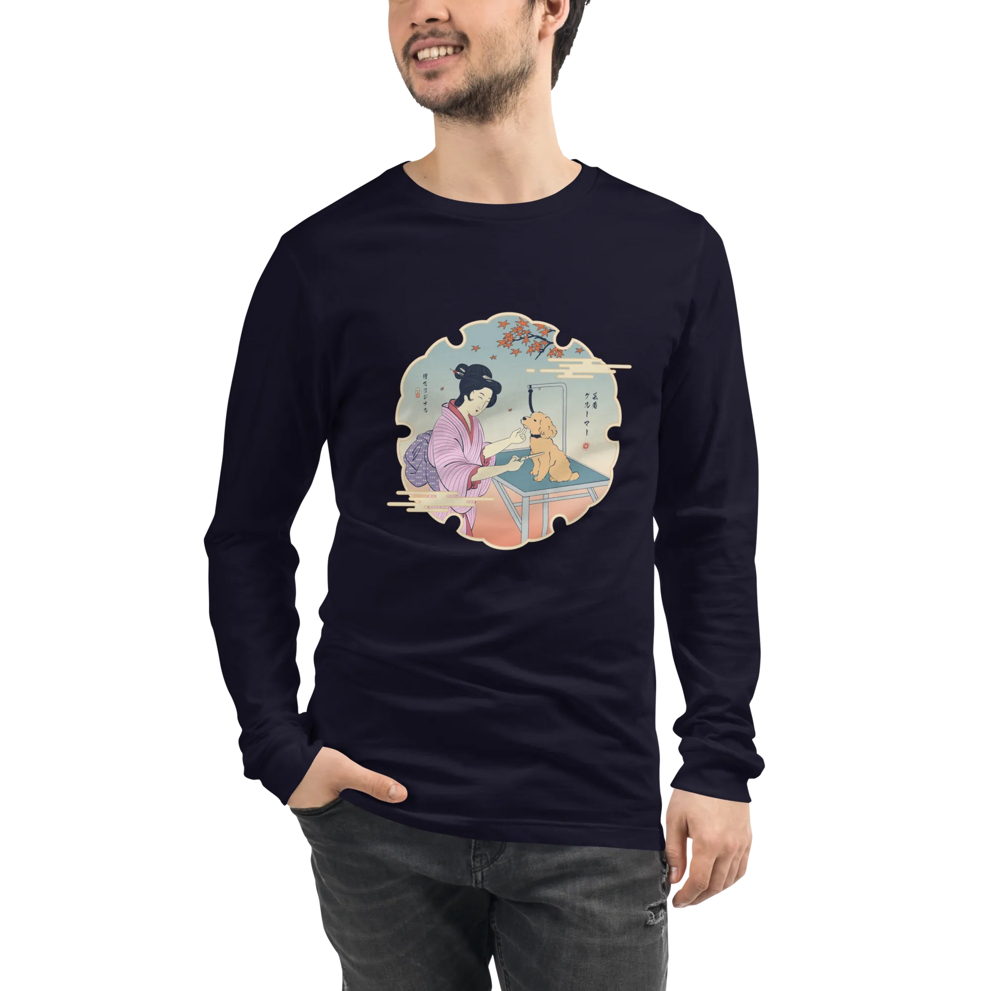 Geisha Groomer Japanese Ukiyo-e Unisex Long Sleeve Tee - Navy / S