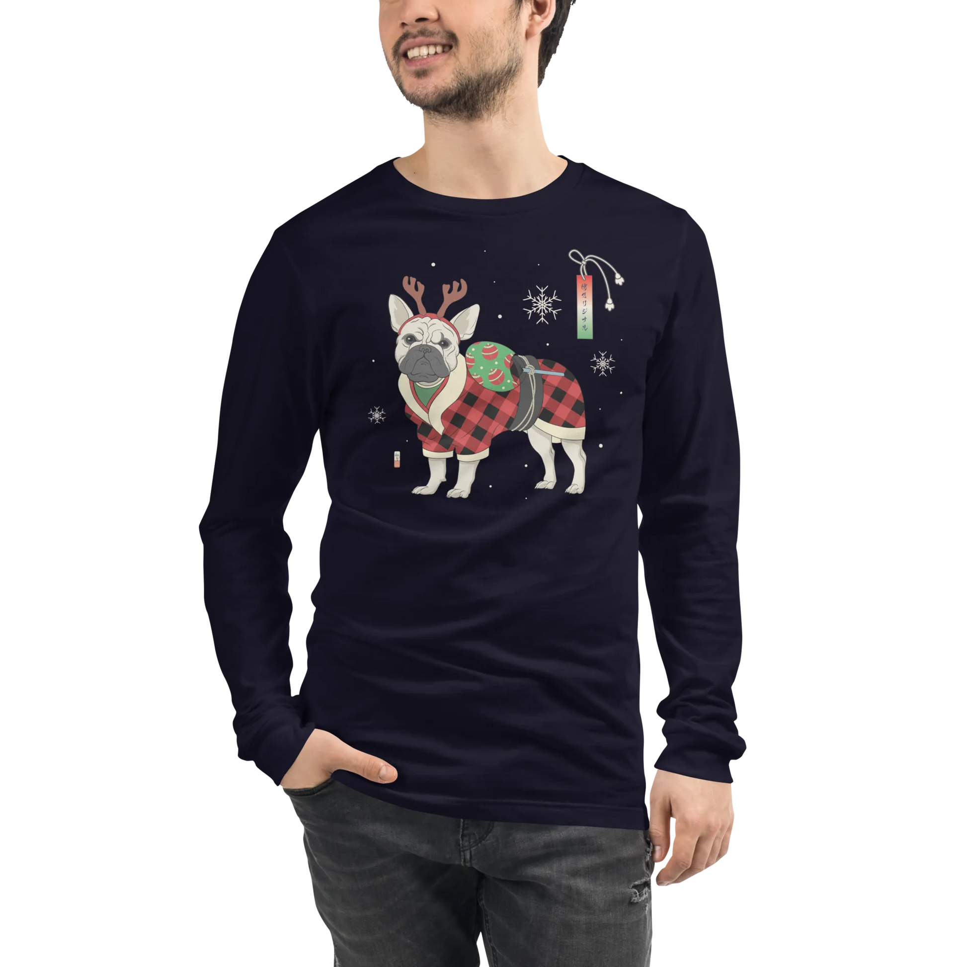 French Bulldog Funny Christmas Japanese Ukiyo-e Unisex Long Sleeve Tee - Navy / S