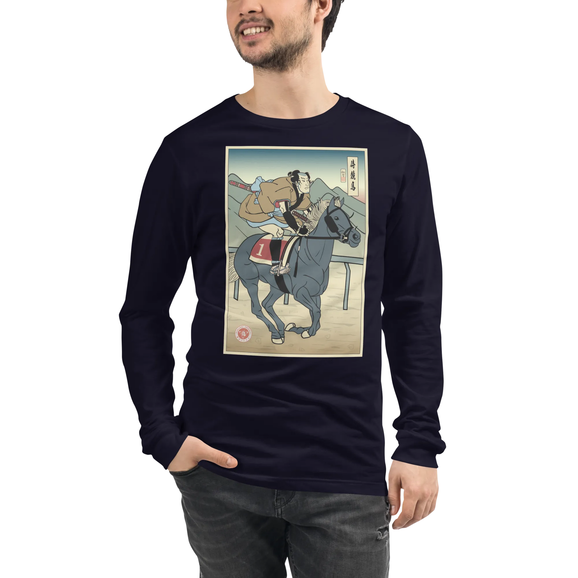 Samurai Horse Racing Ukiyo-e Unisex Long Sleeve Tee - Navy / S