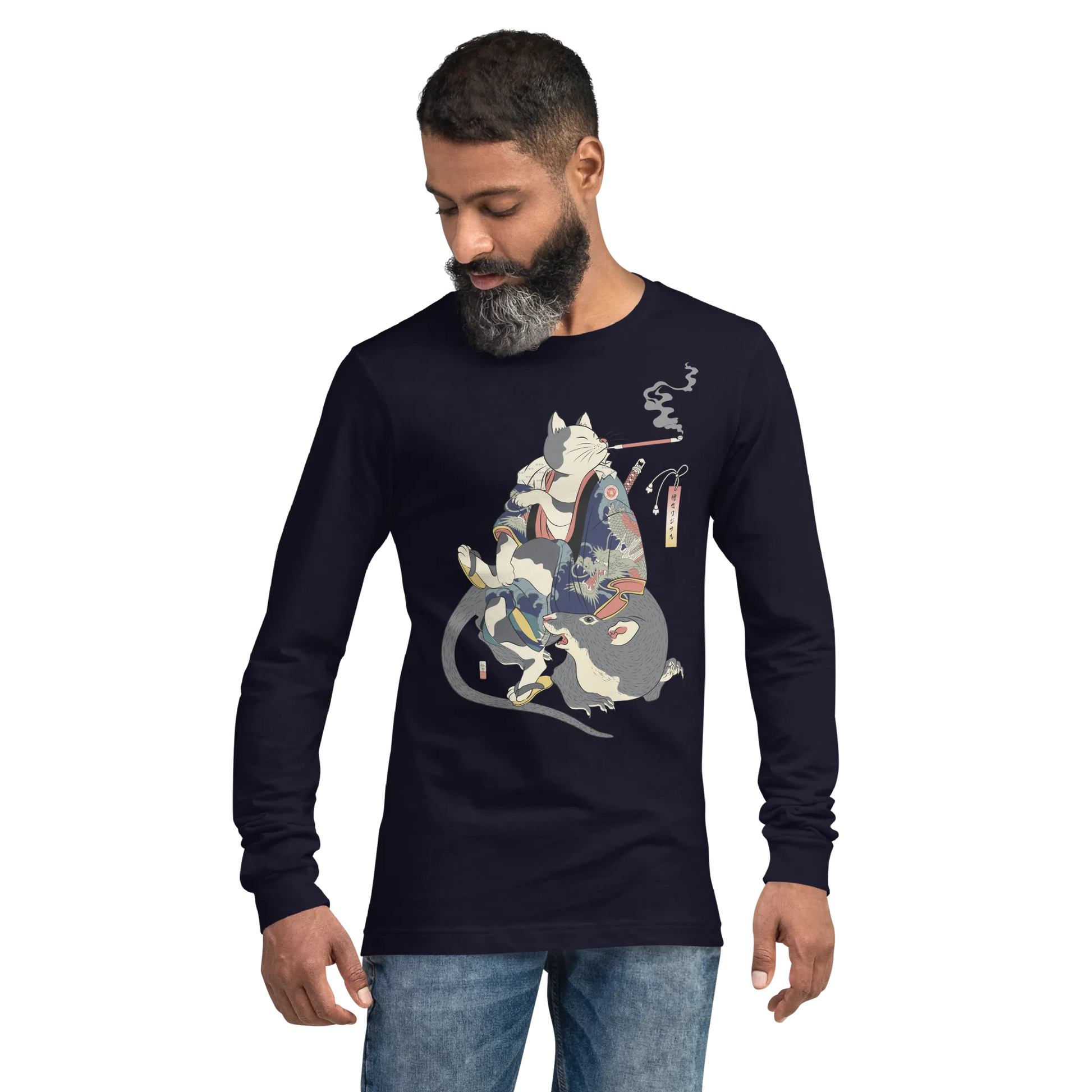 Cat and Mouse Funny Japanese Ukiyo-e Unisex Long Sleeve Tee - Navy / S