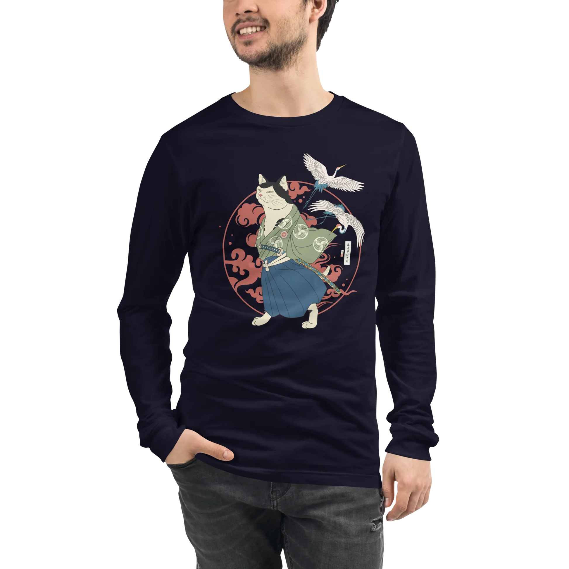 Cat Samurai Funny Ukiyo-e Japanese Unisex Long Sleeve Tee - Navy / S