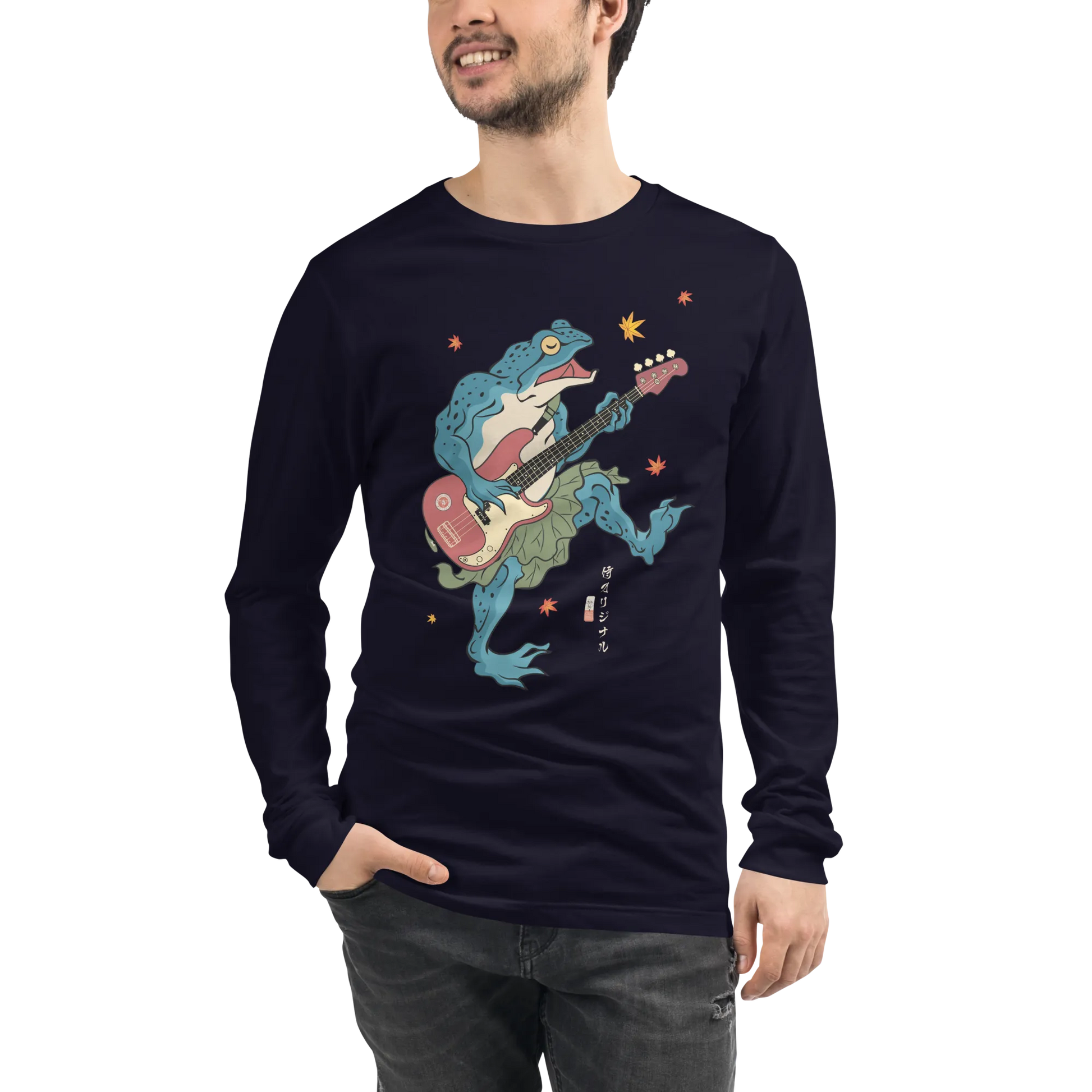 Frog Guitar Bass Funny Japanese Ukiyo-e Unisex Long Sleeve Tee - Navy / S