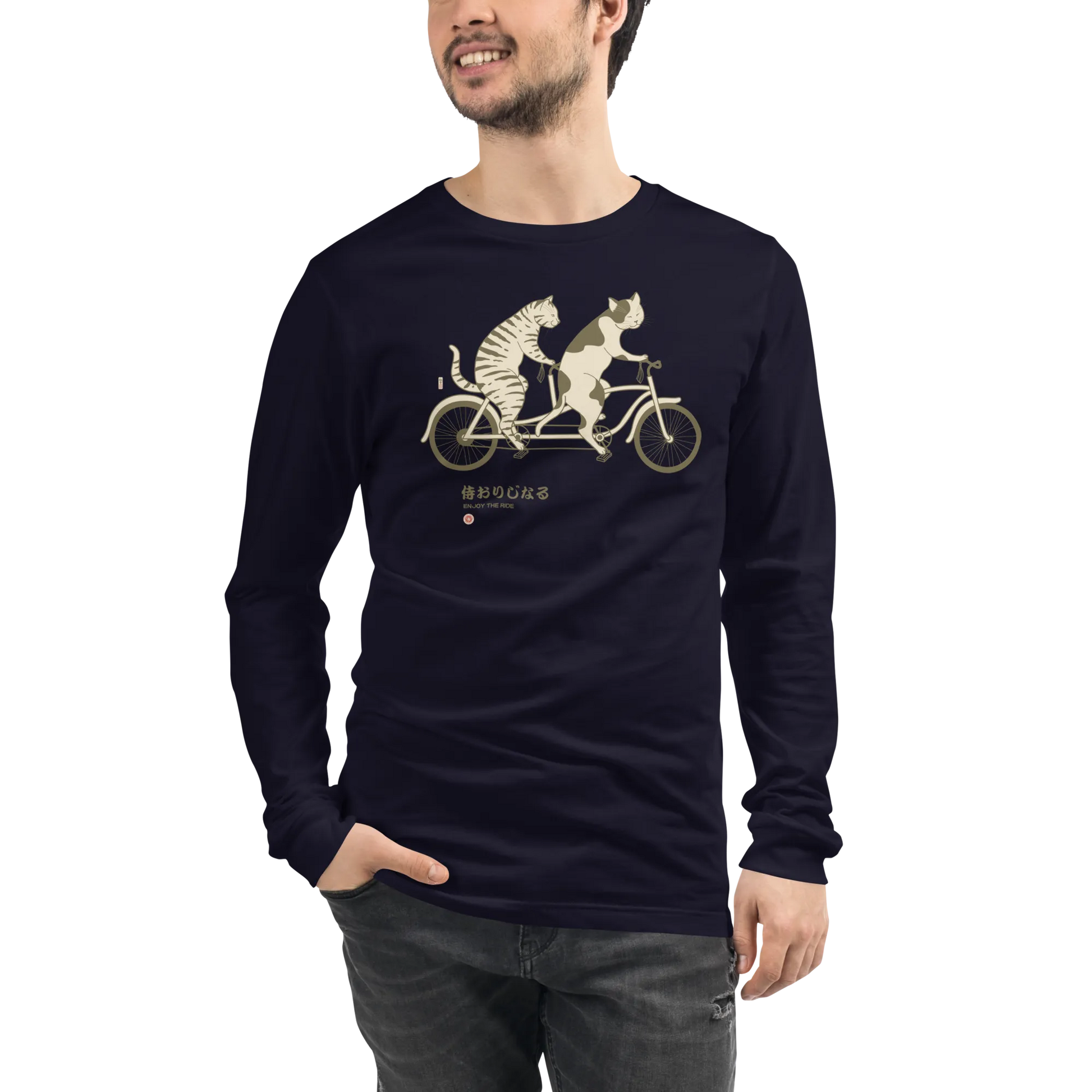 Cat Ride Funny Japanese Ukiyo-e Unisex Long Sleeve Tee - Navy / S