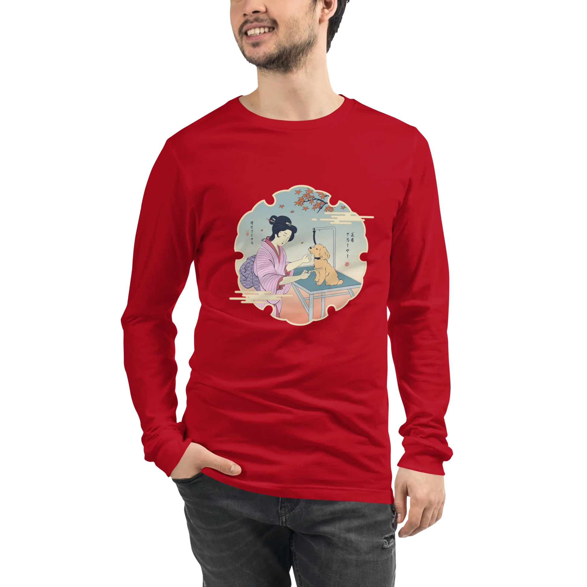 Geisha Groomer Japanese Ukiyo-e Unisex Long Sleeve Tee - Red / S