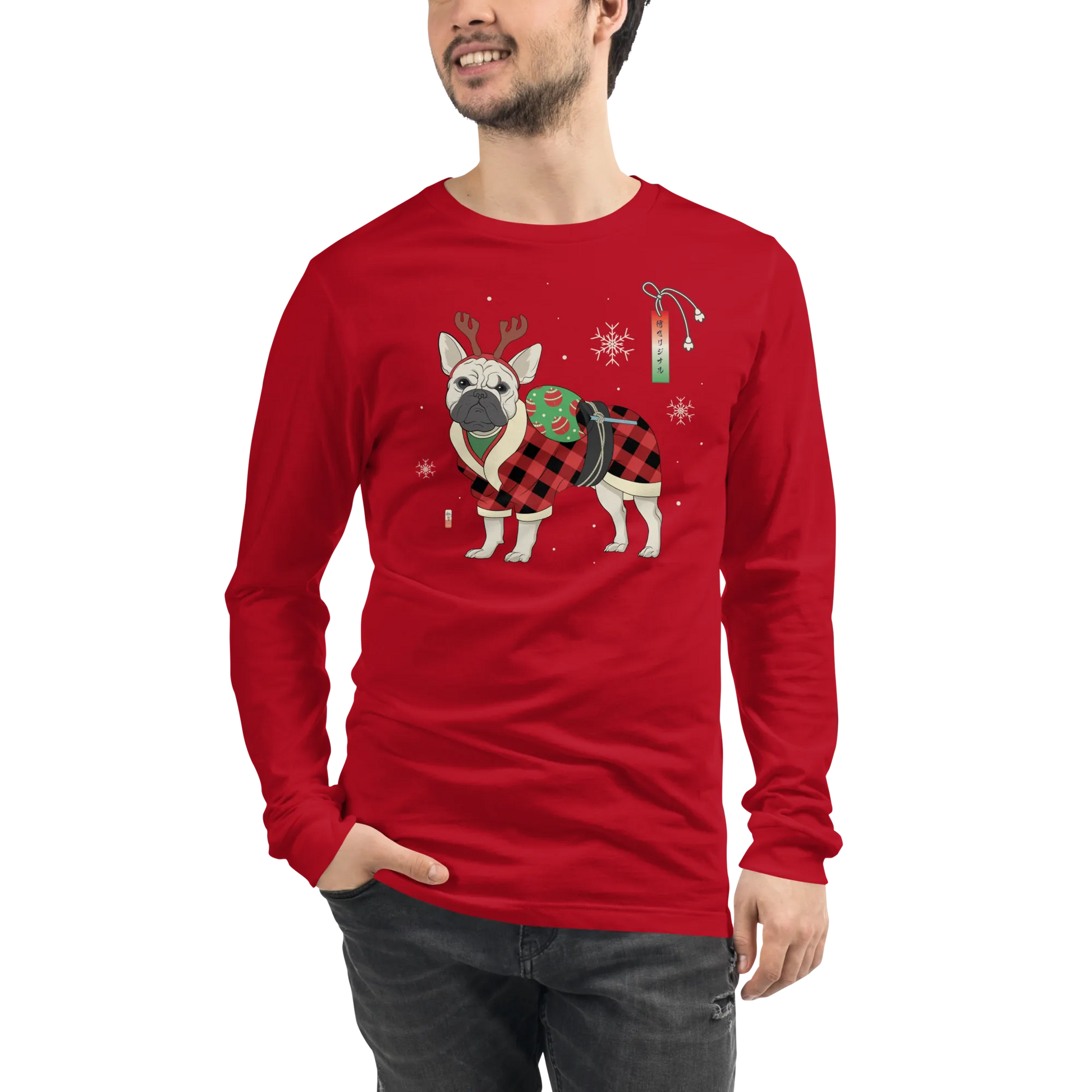 French Bulldog Funny Christmas Japanese Ukiyo-e Unisex Long Sleeve Tee - Red / S