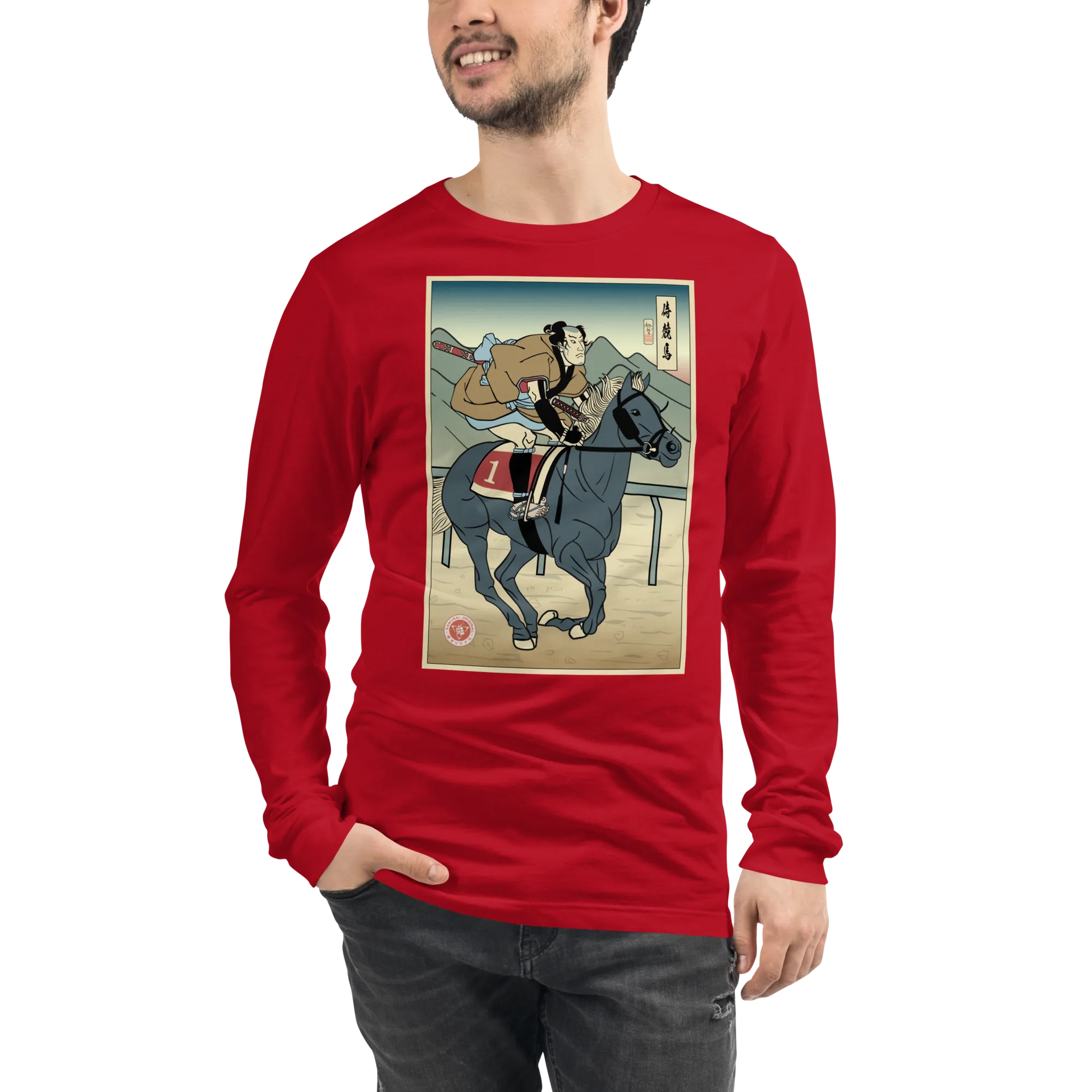 Samurai Horse Racing Ukiyo-e Unisex Long Sleeve Tee - Red / S