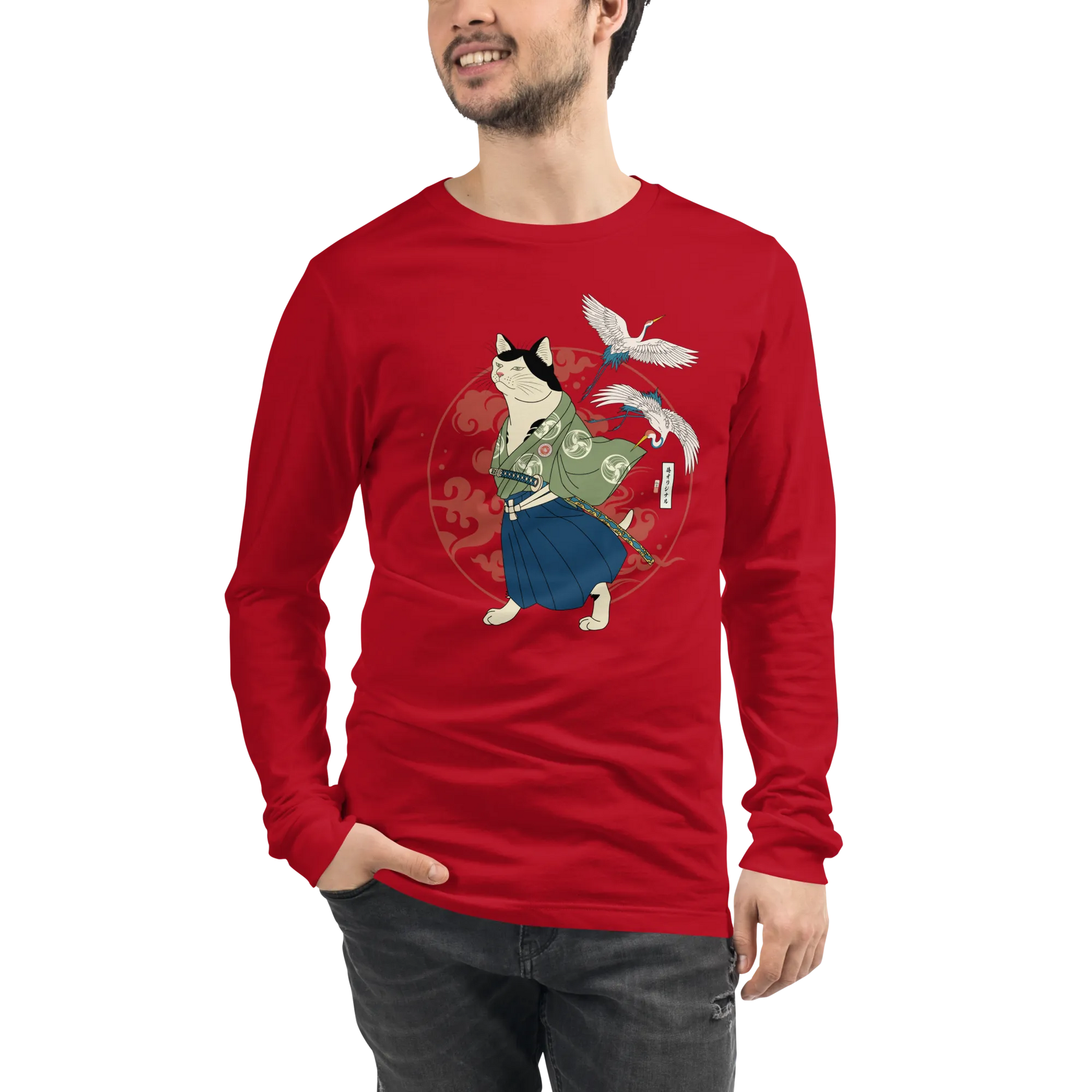 Cat Samurai Funny Ukiyo-e Japanese Unisex Long Sleeve Tee - Red / S