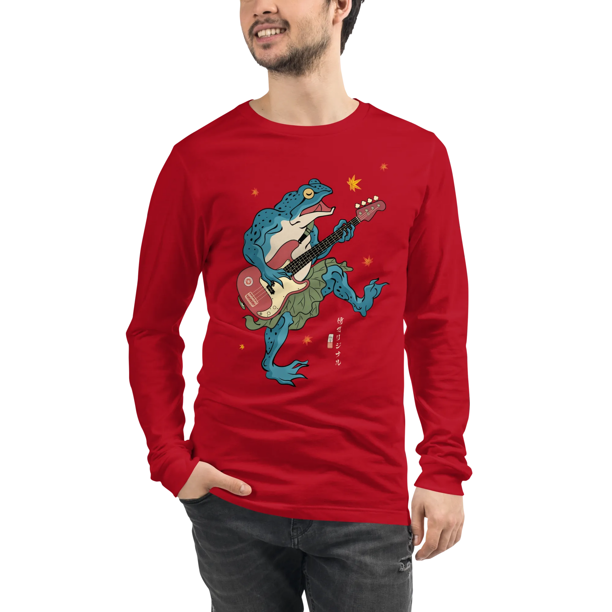 Frog Guitar Bass Funny Japanese Ukiyo-e Unisex Long Sleeve Tee - Red / S