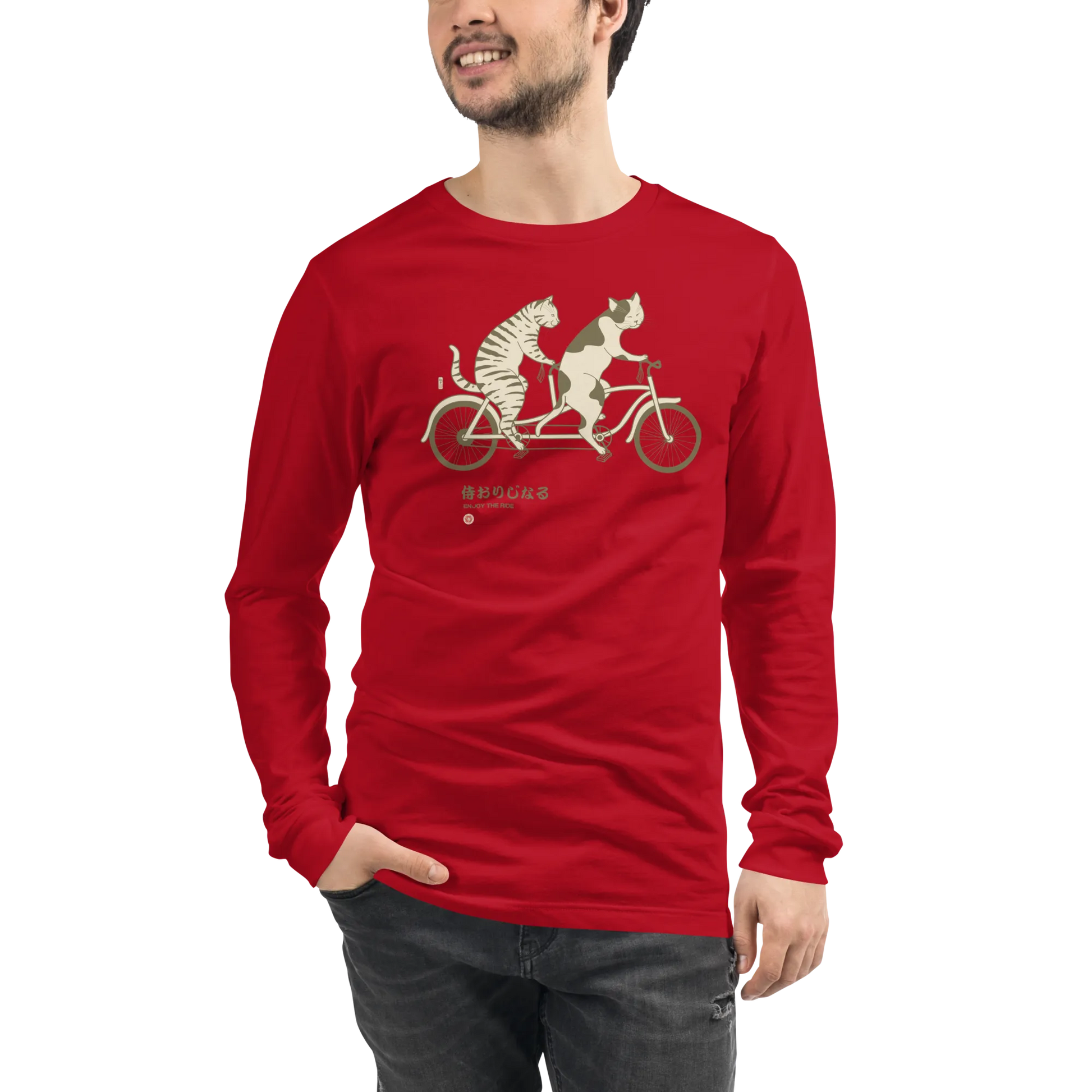 Cat Ride Funny Japanese Ukiyo-e Unisex Long Sleeve Tee - Red / S