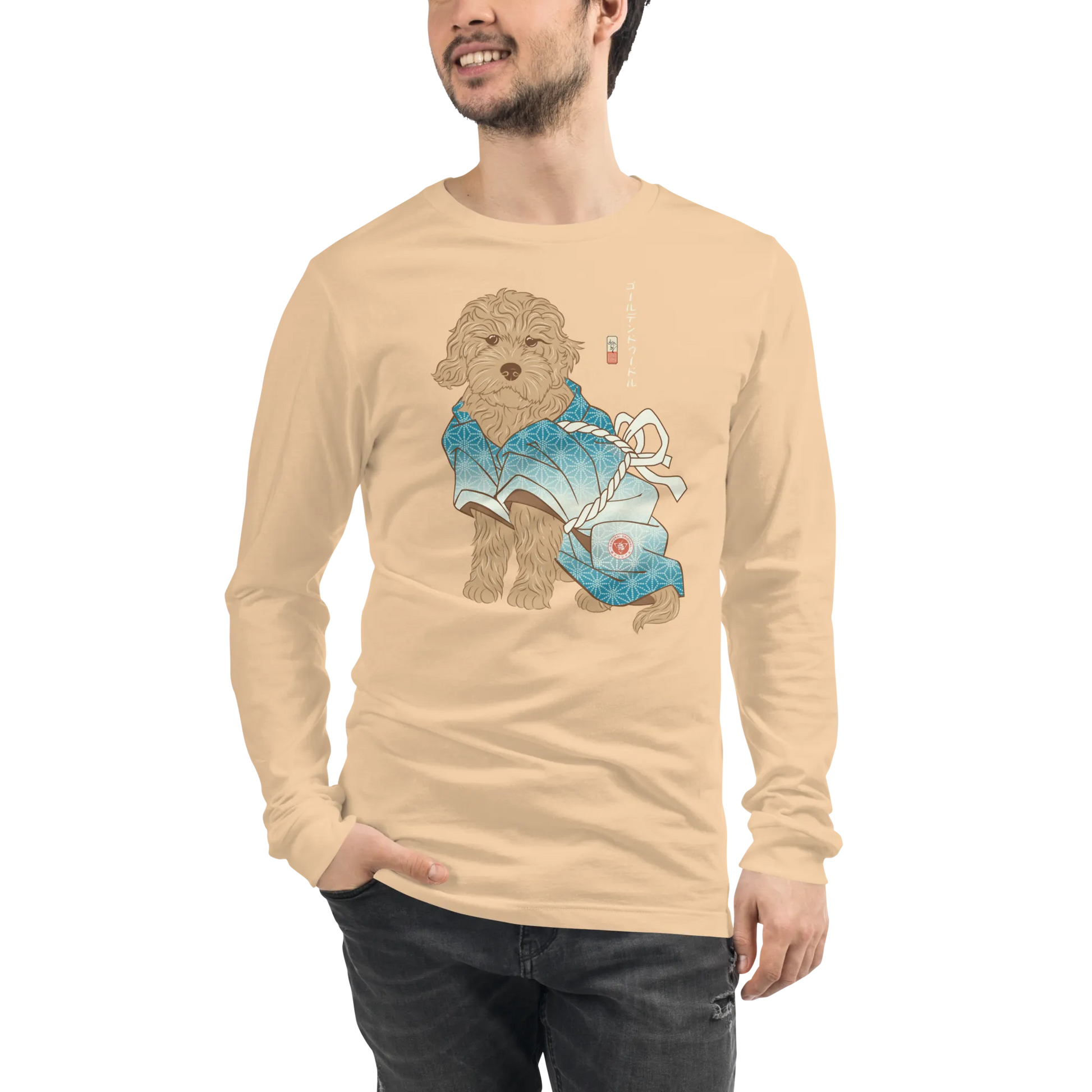 Golden Doodle Dog Funny Japanese Ukiyo-e Unisex Long Sleeve Tee - Sand Dune / S