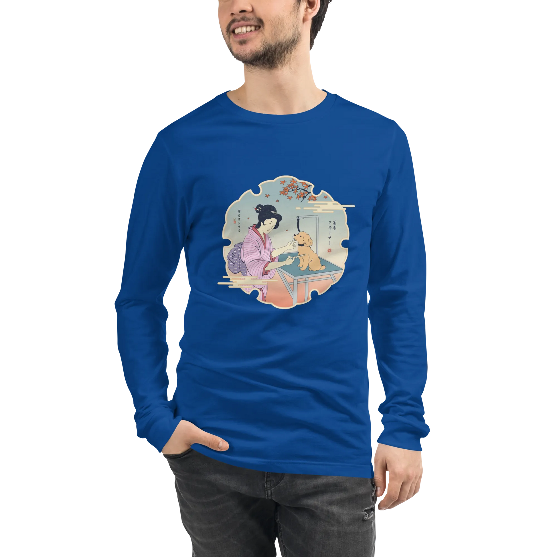 Geisha Groomer Japanese Ukiyo-e Unisex Long Sleeve Tee - True Royal / S