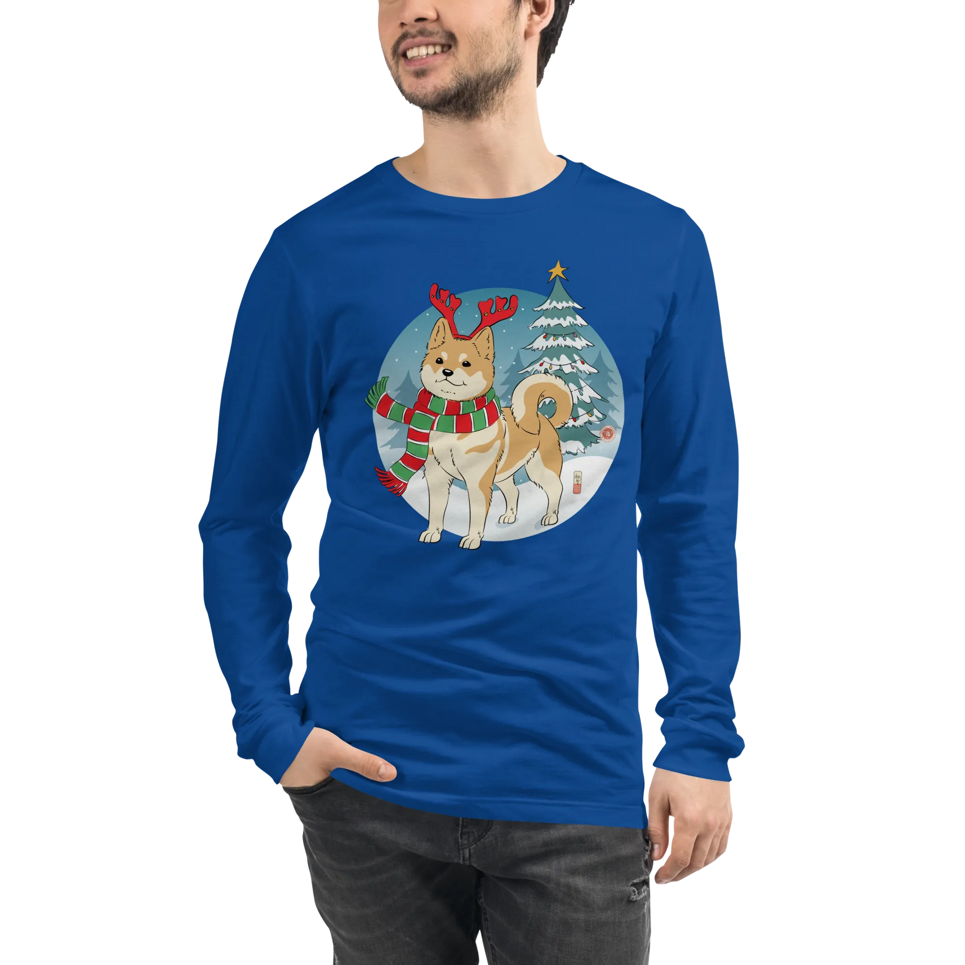 Dog Shiba Funny Christmas Japanese Unisex Long Sleeve Tee - True Royal / S