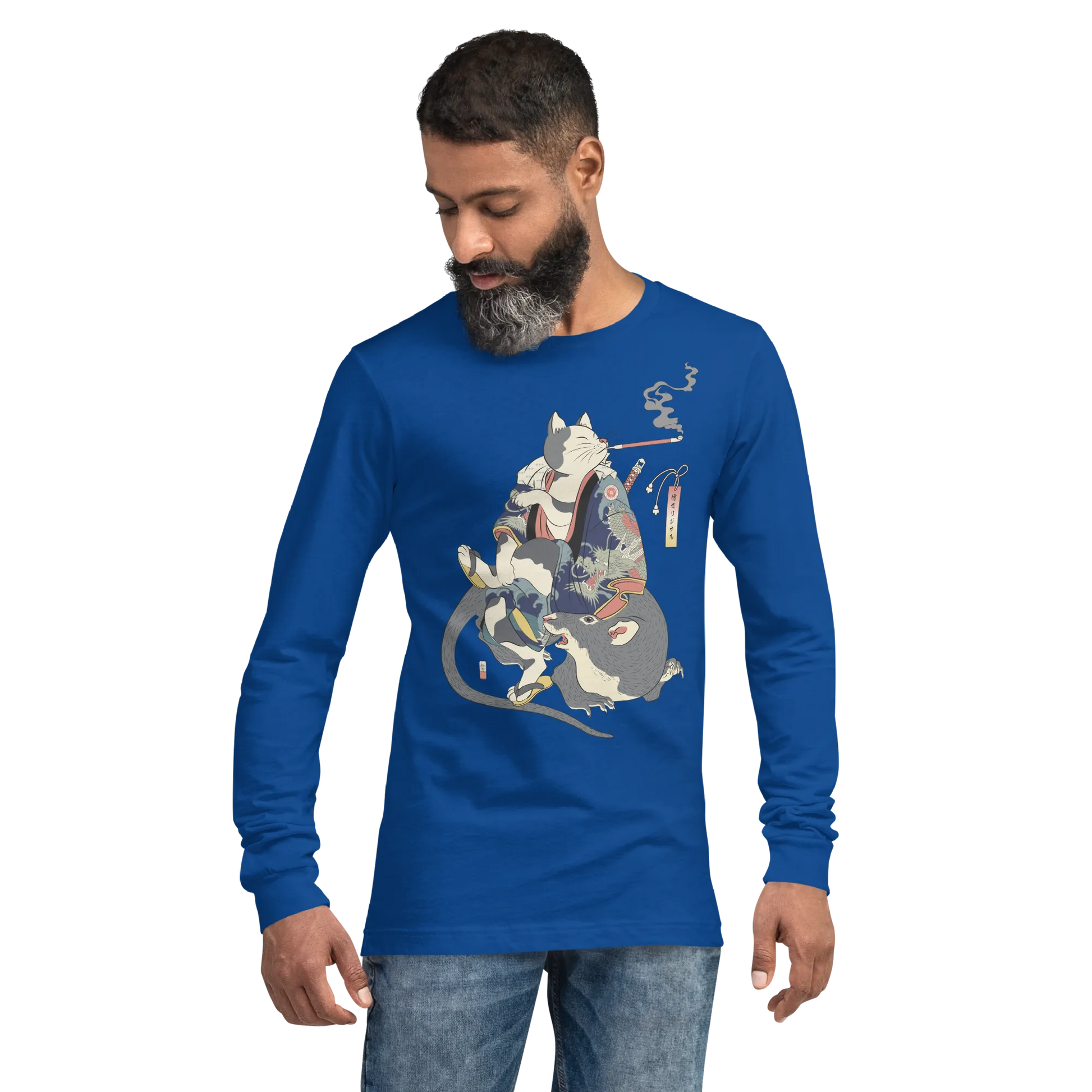 Cat and Mouse Funny Japanese Ukiyo-e Unisex Long Sleeve Tee - True Royal / S