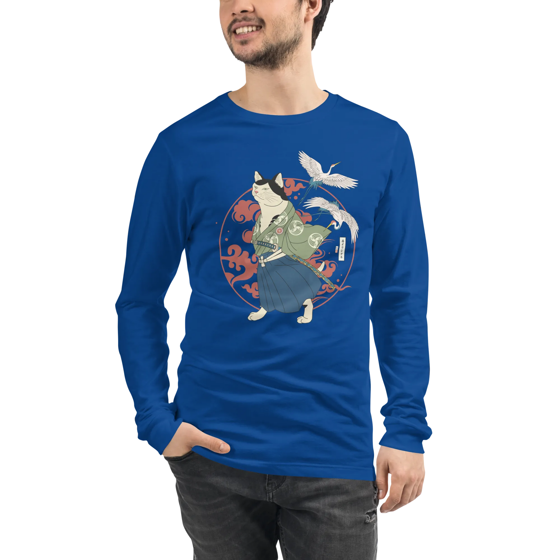 Cat Samurai Funny Ukiyo-e Japanese Unisex Long Sleeve Tee - True Royal / S