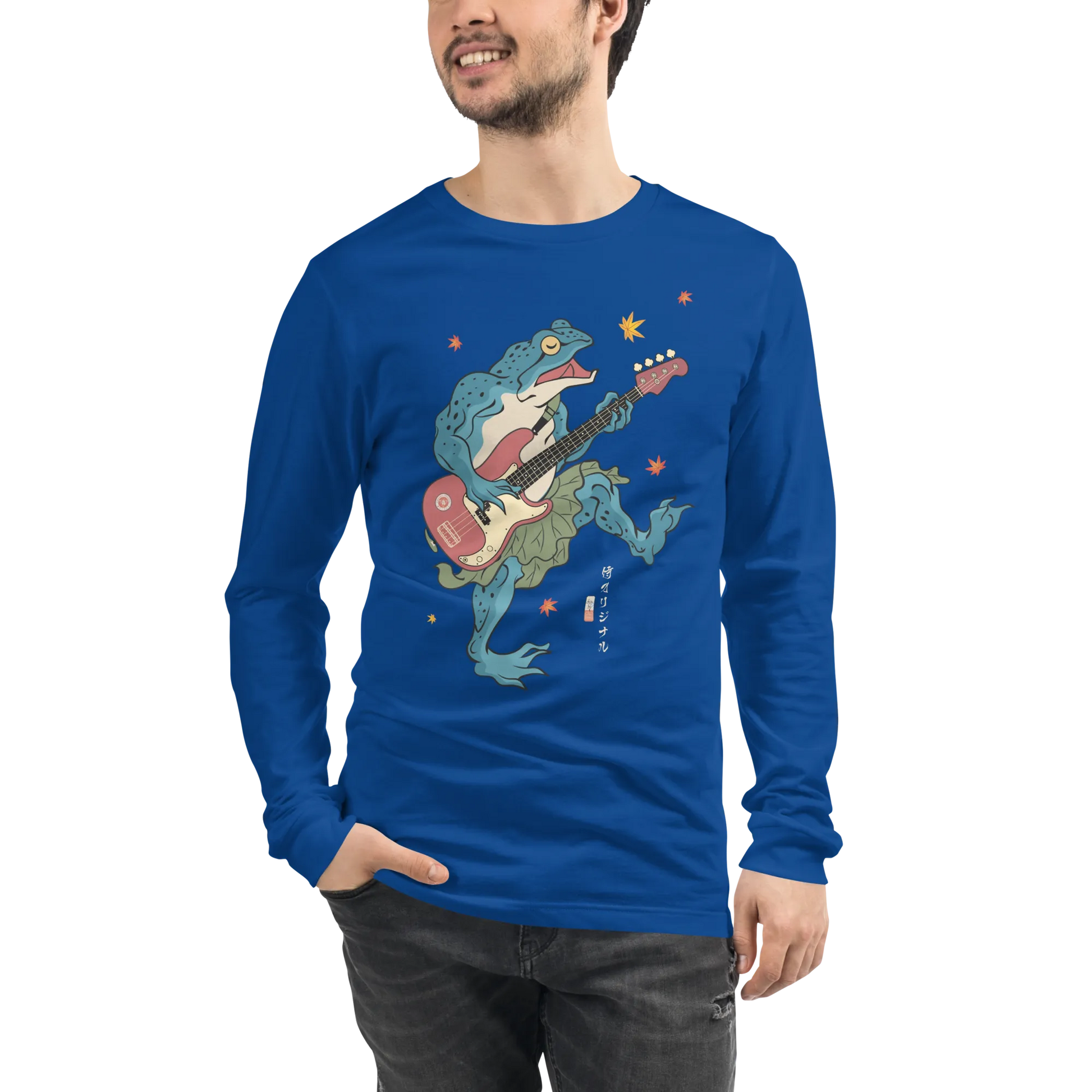 Frog Guitar Bass Funny Japanese Ukiyo-e Unisex Long Sleeve Tee - True Royal / S