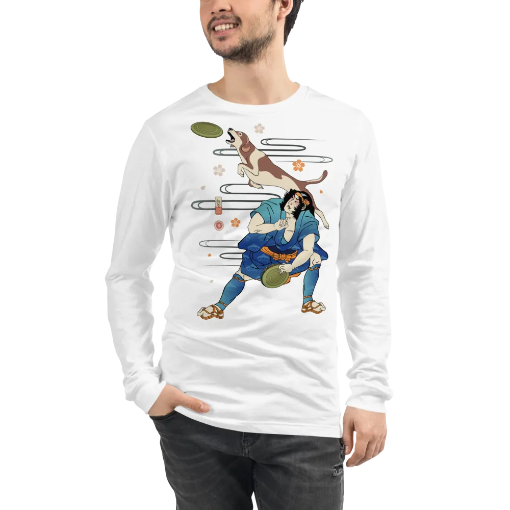 Disc Dog Samurai Japanese Ukiyo-e Unisex Long Sleeve Tee - White / S