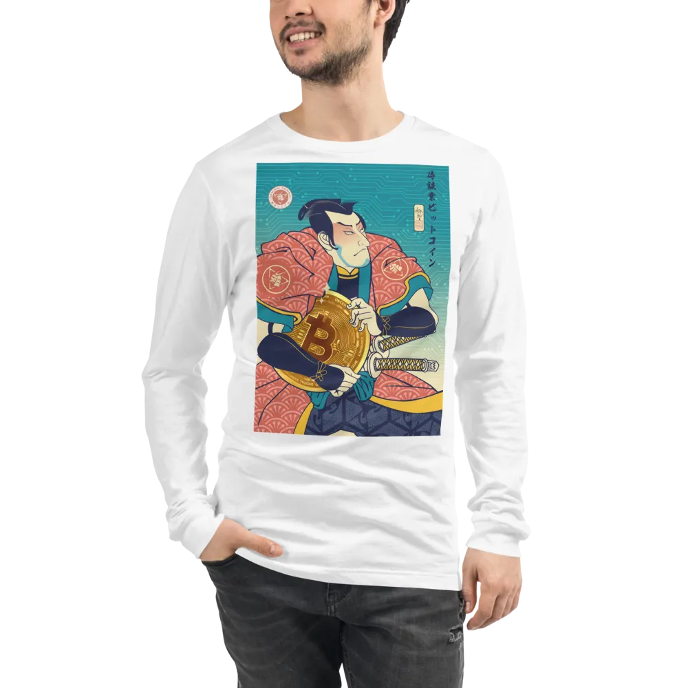 Samurai Bitcoin Mining Ukiyo-e Unisex Long Sleeve Tee - White / S