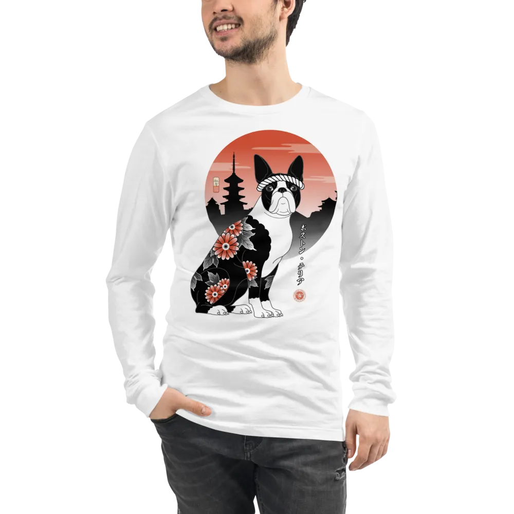 Samurai Boston Terrier Ukiyo-e Unisex Long Sleeve Tee - Samurai Original