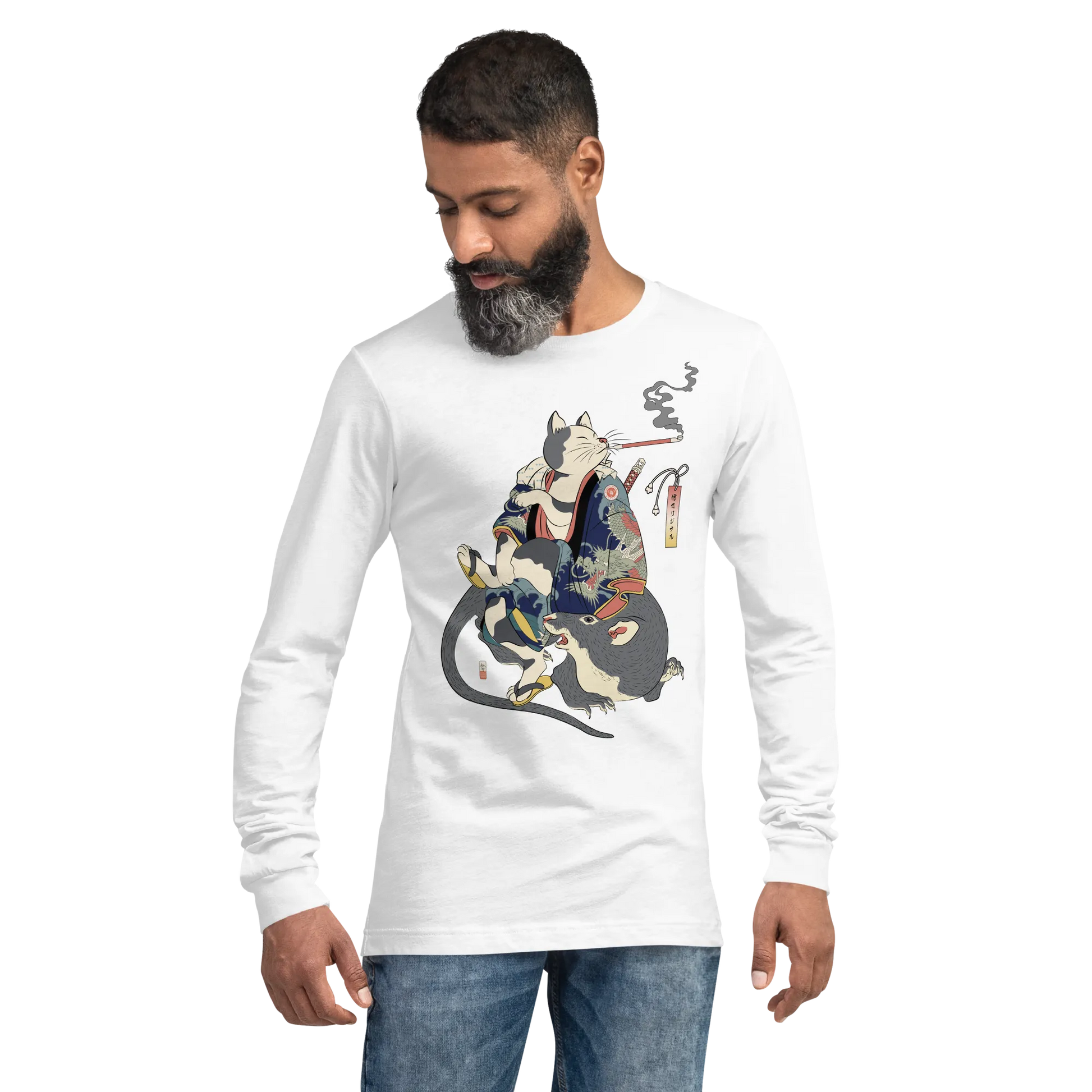 Cat and Mouse Funny Japanese Ukiyo-e Unisex Long Sleeve Tee - White / S