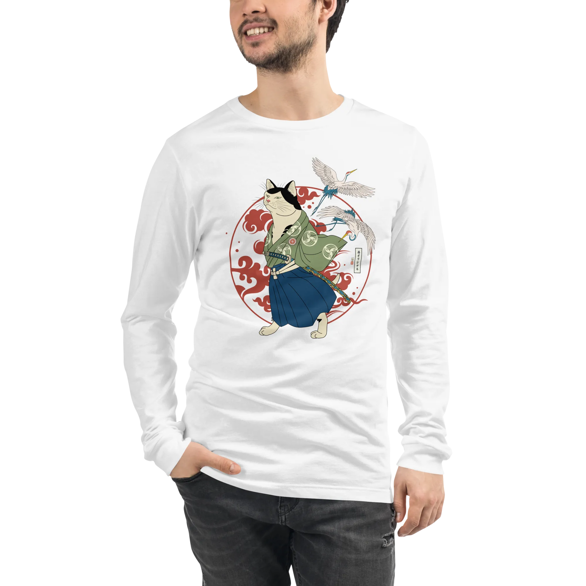 Cat Samurai Funny Ukiyo-e Japanese Unisex Long Sleeve Tee - White / S