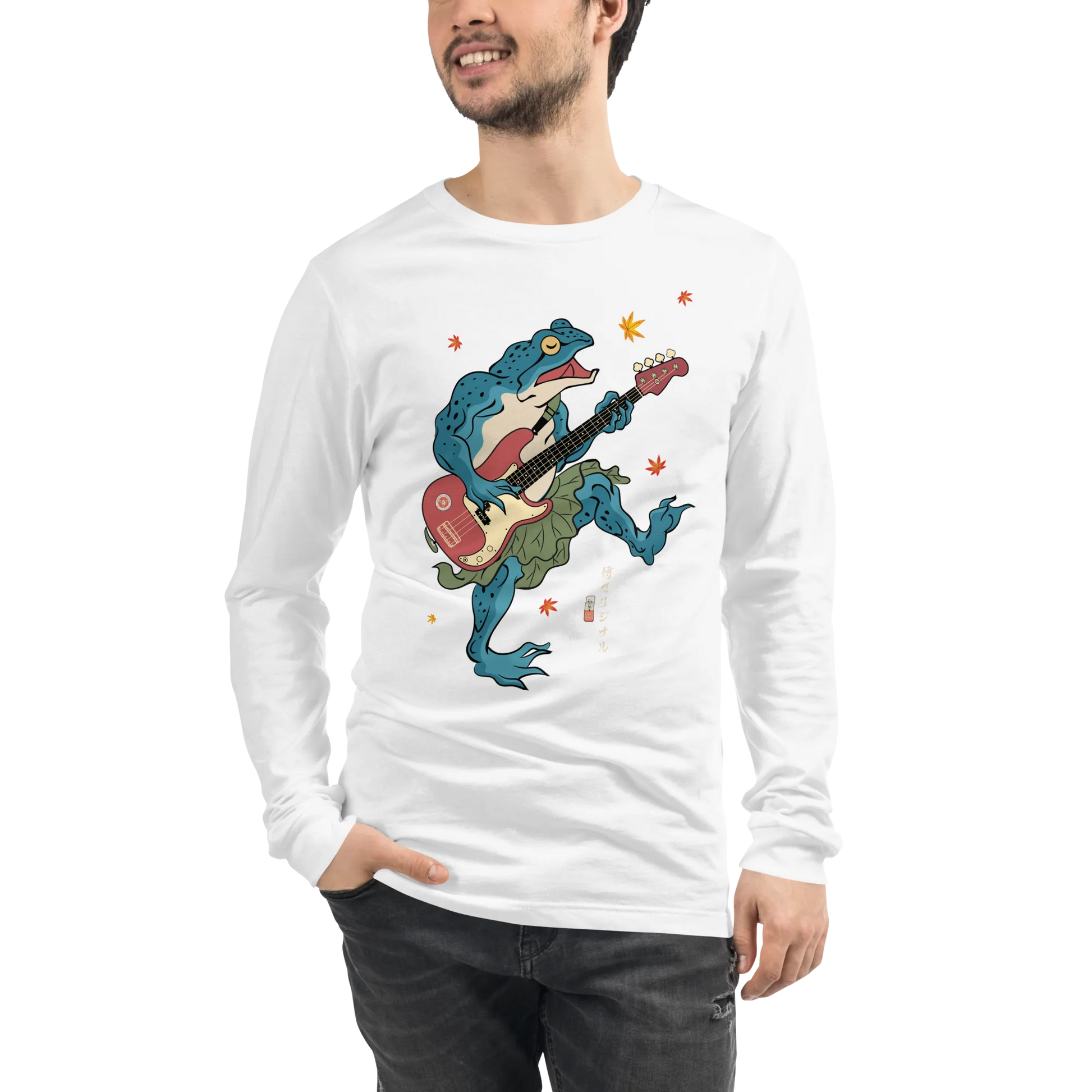 Frog Guitar Bass Funny Japanese Ukiyo-e Unisex Long Sleeve Tee - White / S