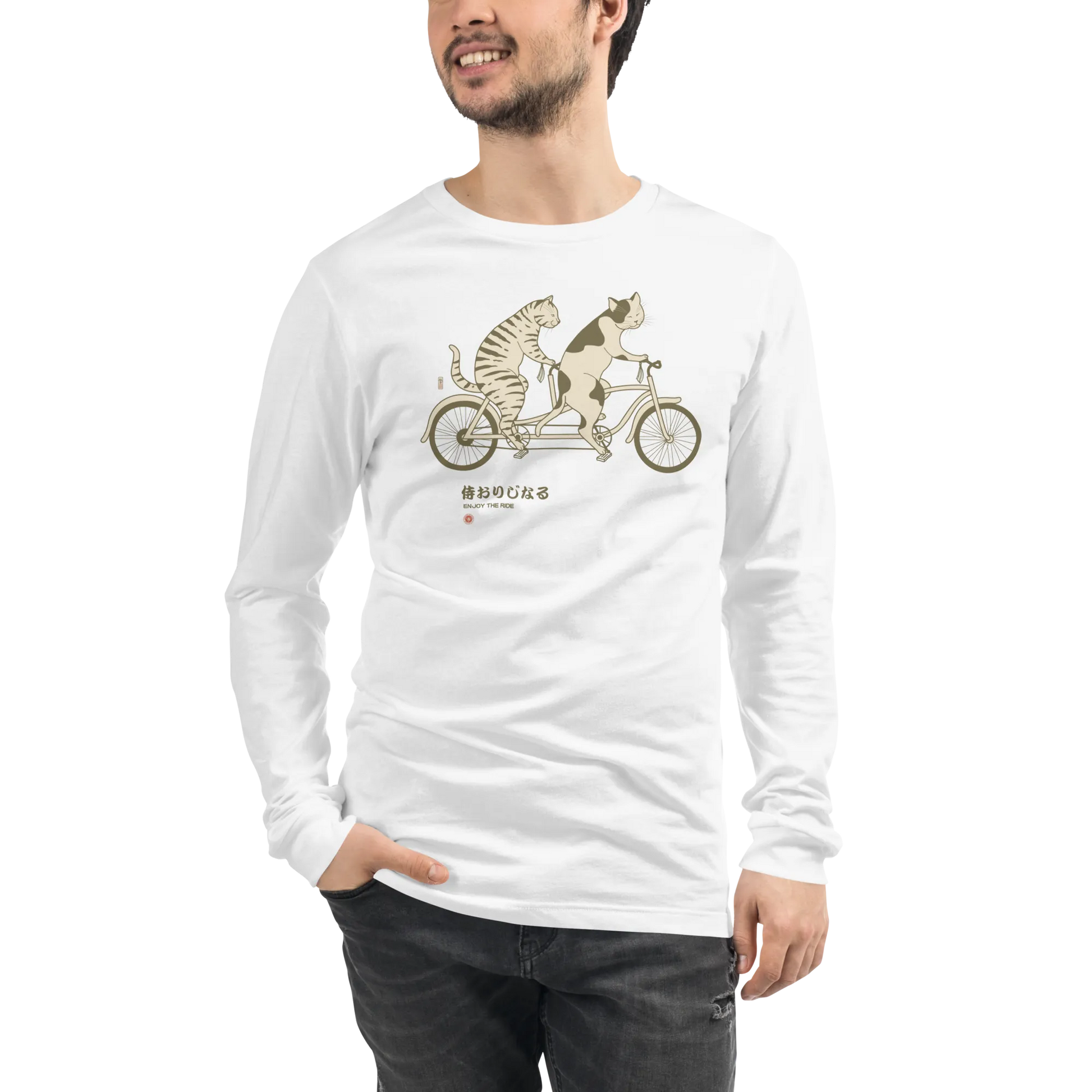 Cat Ride Funny Japanese Ukiyo-e Unisex Long Sleeve Tee - White / S