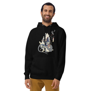 Cat and Mouse Funny Japanese Ukiyo-e Unisex Hoodie - Black / S