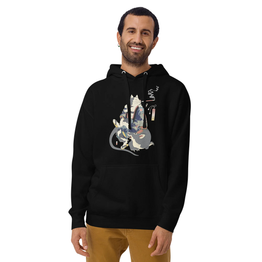 Cat and Mouse Funny Japanese Ukiyo-e Unisex Hoodie - Black / S