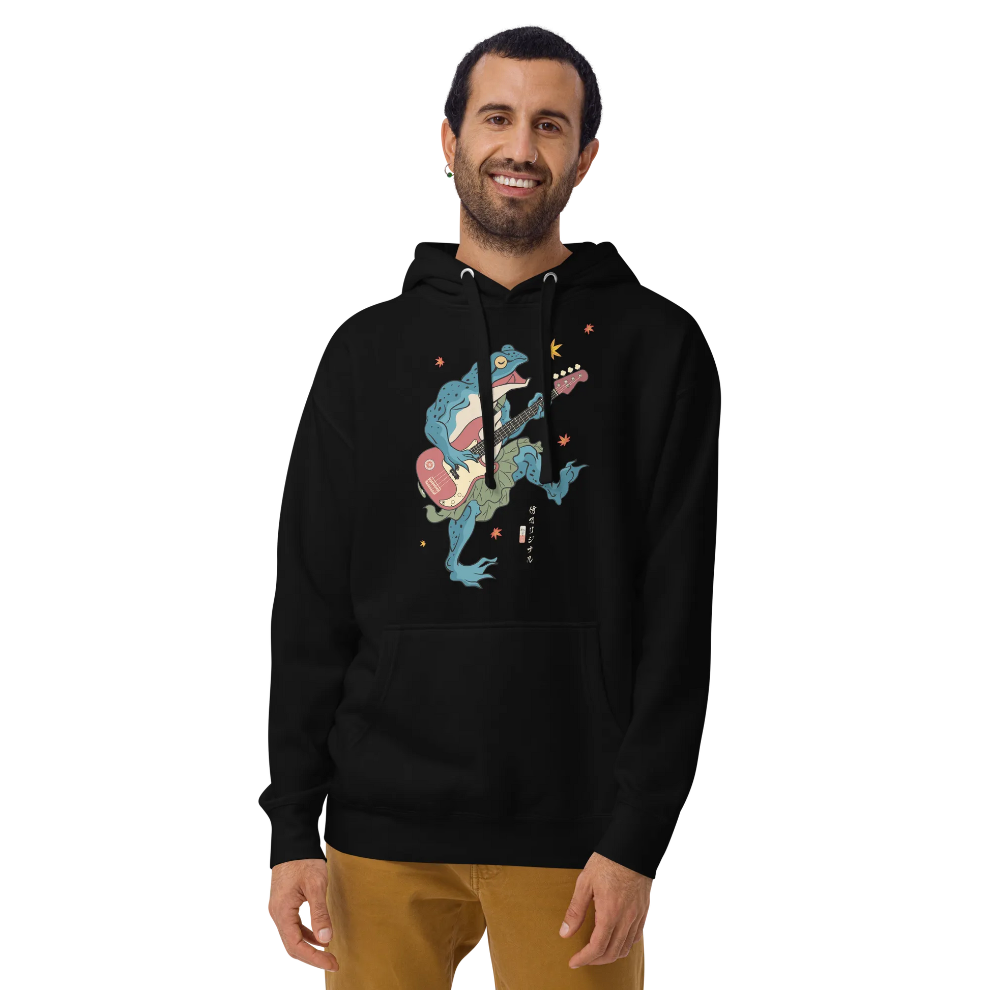 Frog Guitar Bass Funny Japanese Ukiyo-e Unisex Hoodie - Black / S