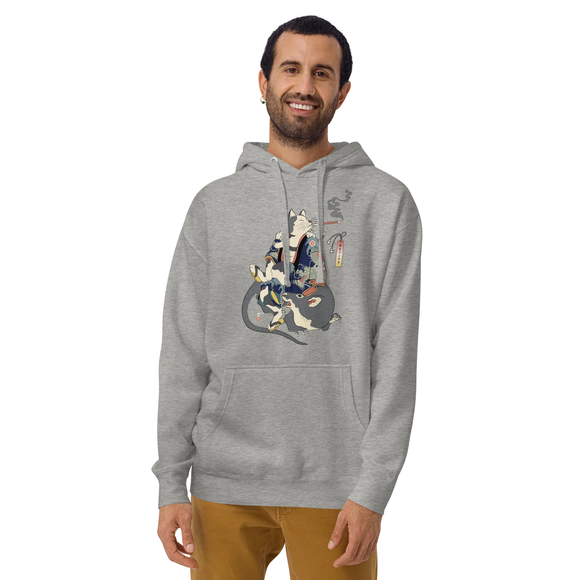 Cat and Mouse Funny Japanese Ukiyo-e Unisex Hoodie - Carbon Grey / S