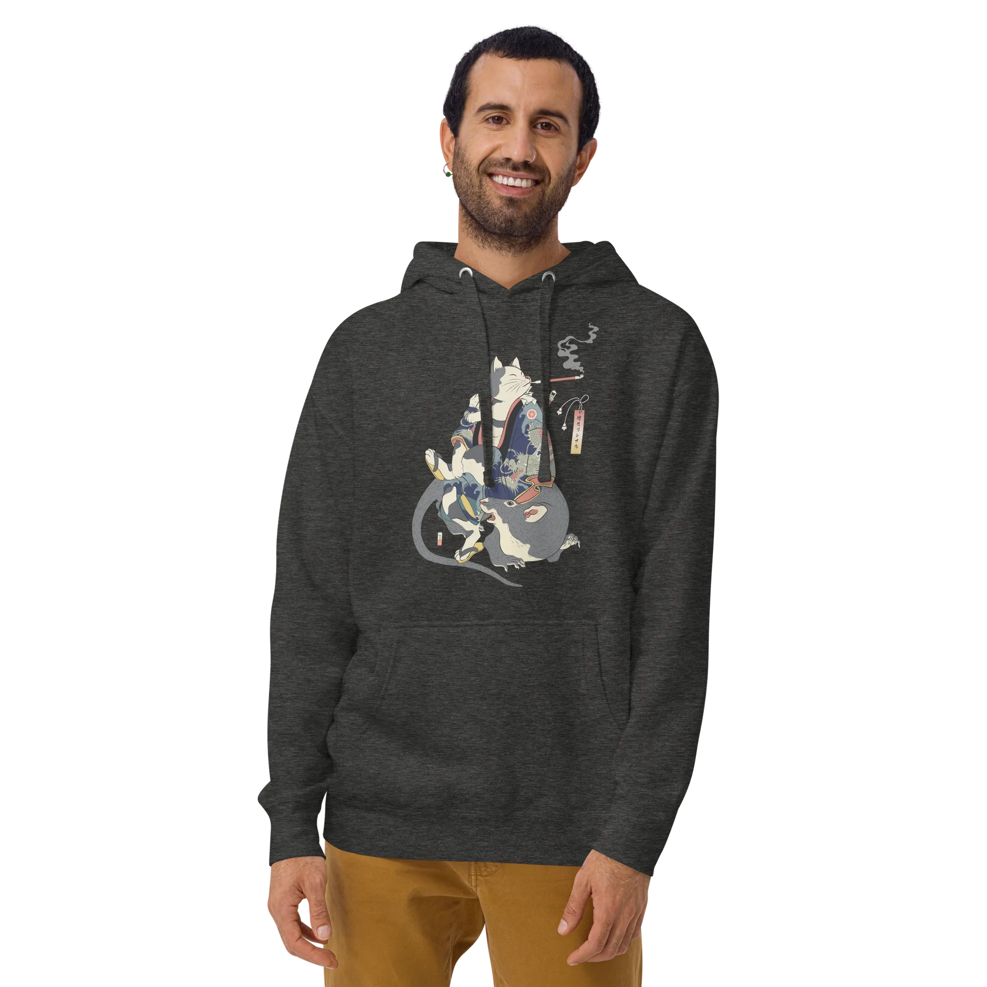 Cat and Mouse Funny Japanese Ukiyo-e Unisex Hoodie - Charcoal Heather / S