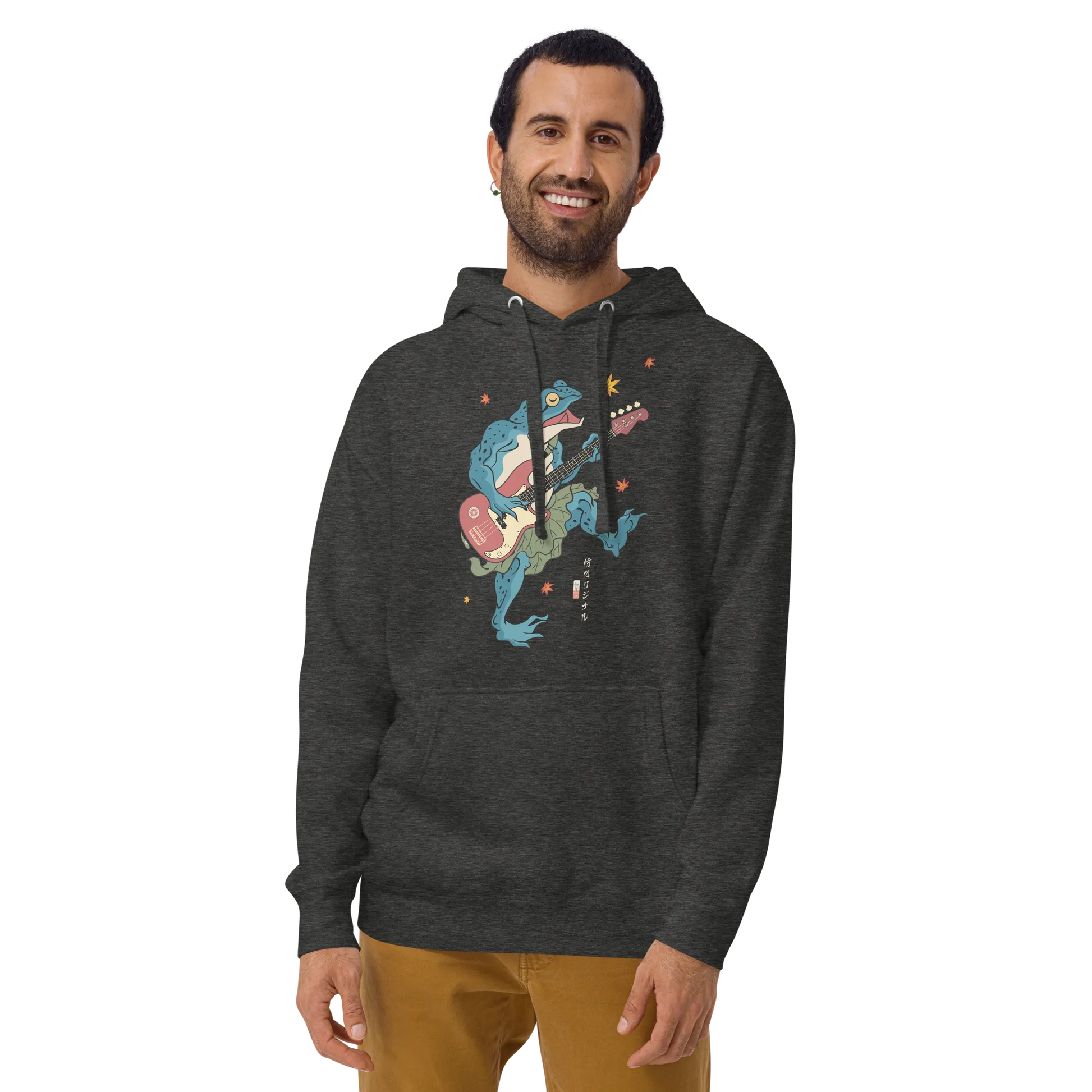 Frog Guitar Bass Funny Japanese Ukiyo-e Unisex Hoodie - Charcoal Heather / S