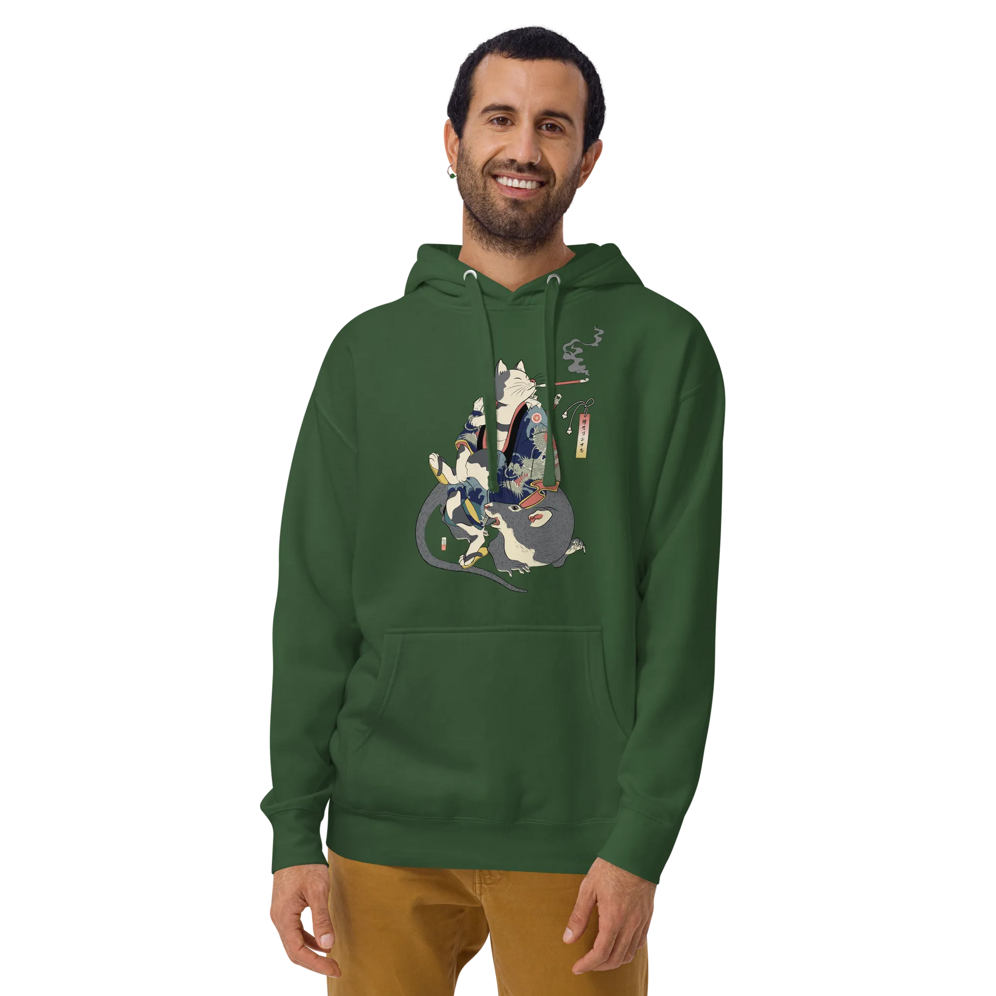 Cat and Mouse Funny Japanese Ukiyo-e Unisex Hoodie - Forest Green / S