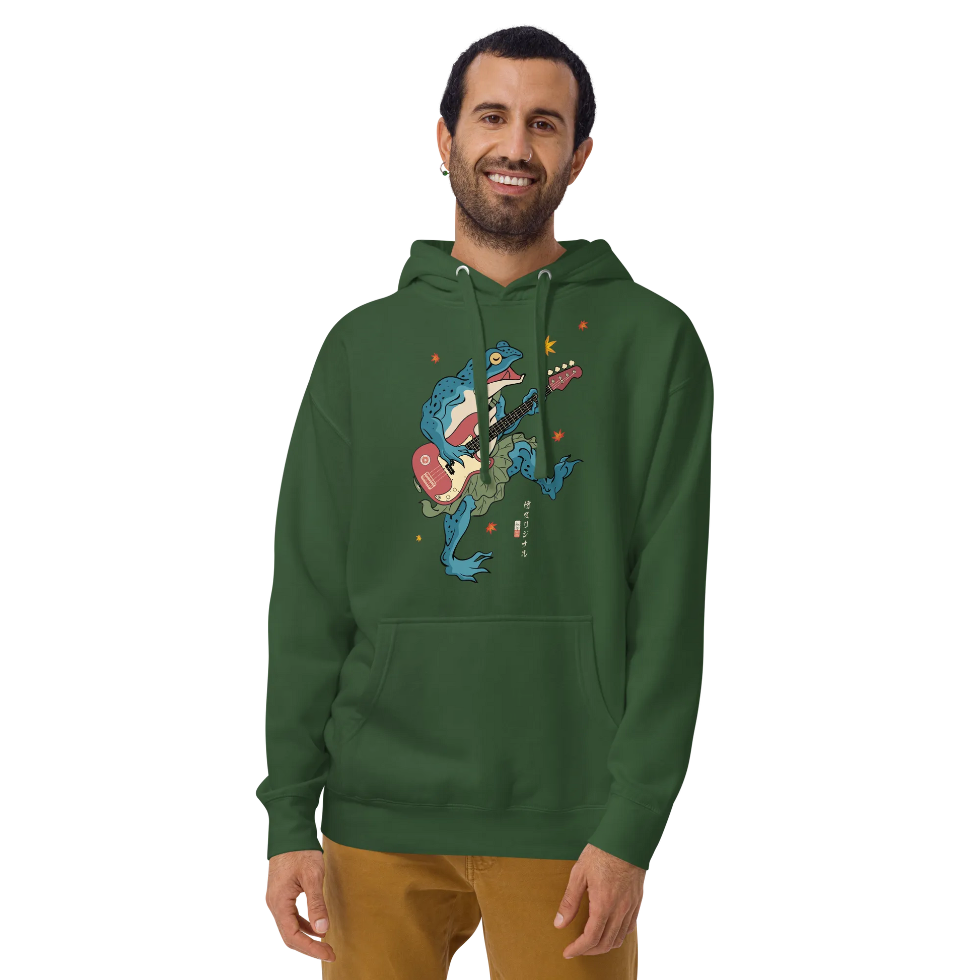 Frog Guitar Bass Funny Japanese Ukiyo-e Unisex Hoodie - Forest Green / S