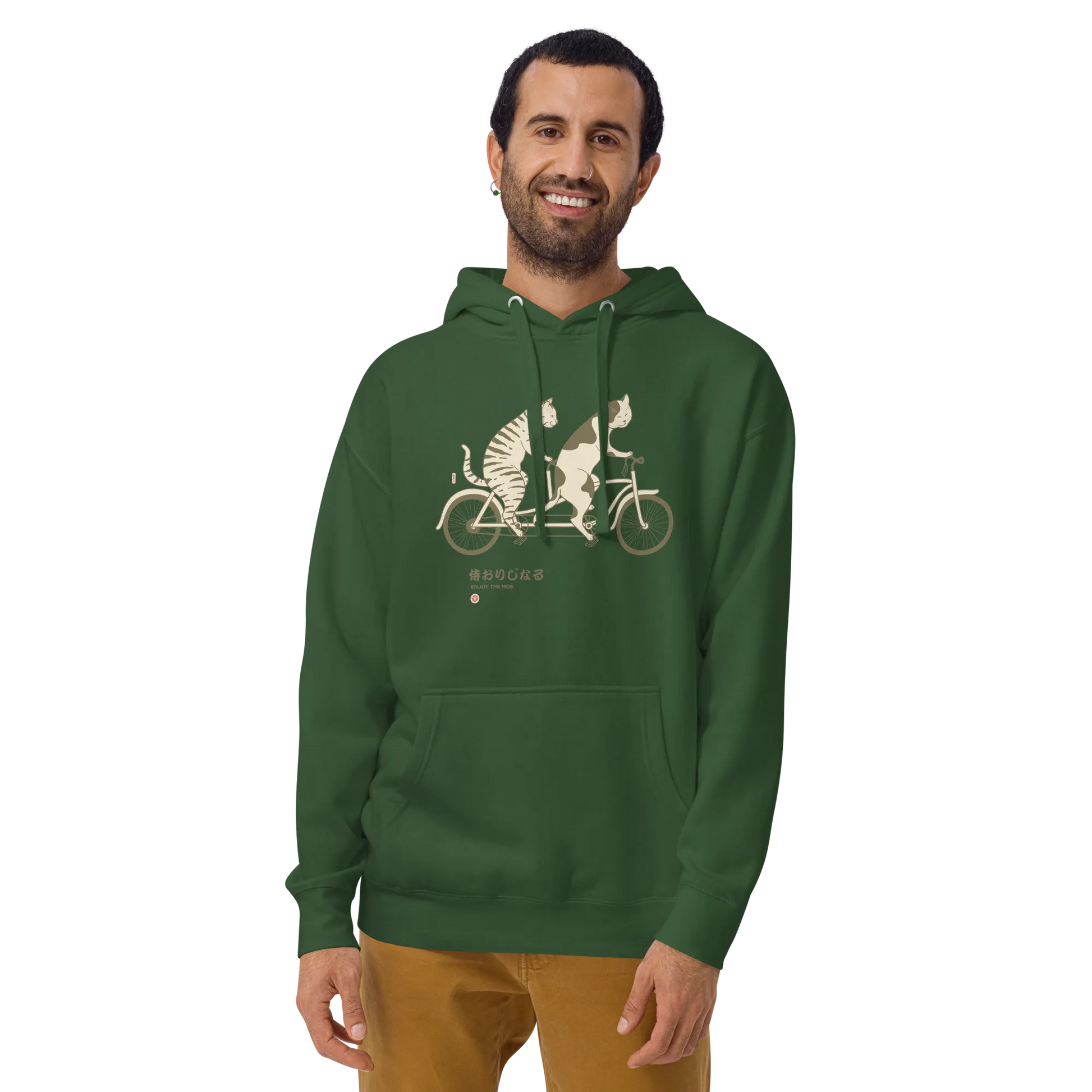 Cat Ride Funny Japanese Ukiyo-e Unisex Hoodie - Forest Green / S