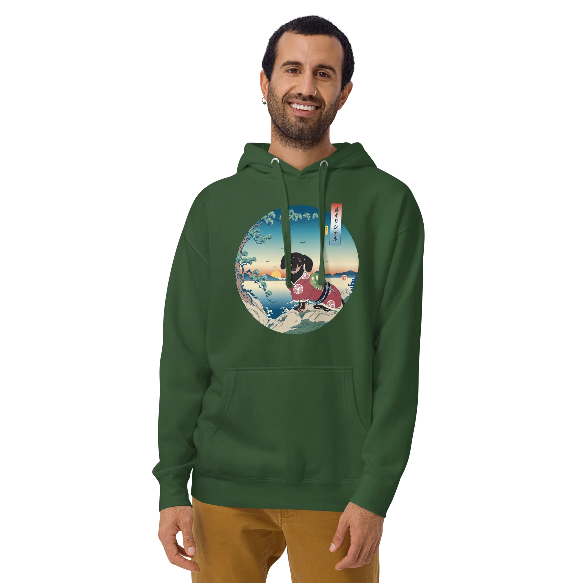 Dachshund Dog Funny Japanese Ukiyo-e Unisex Hoodie - Forest Green / S