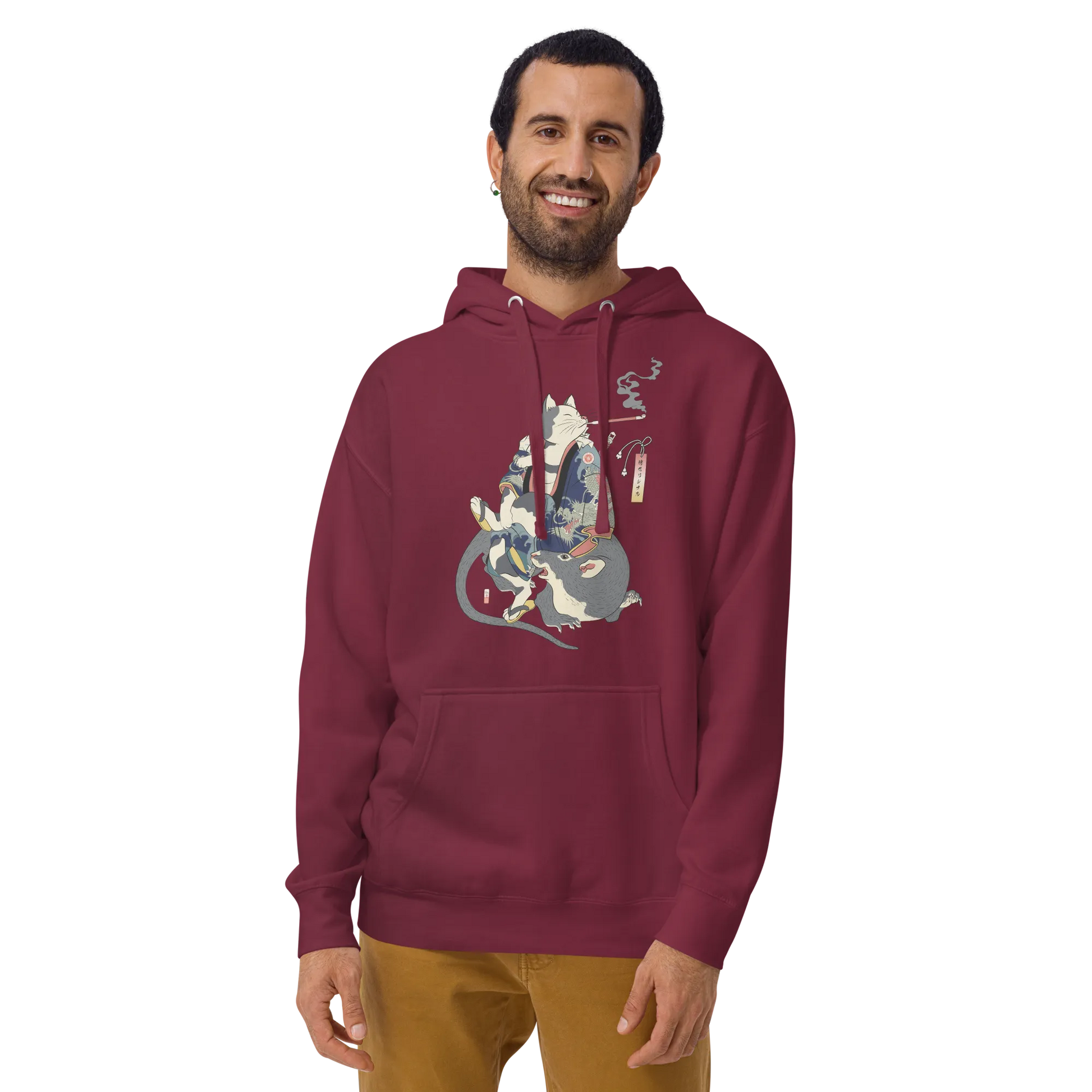 Cat and Mouse Funny Japanese Ukiyo-e Unisex Hoodie - Maroon / S