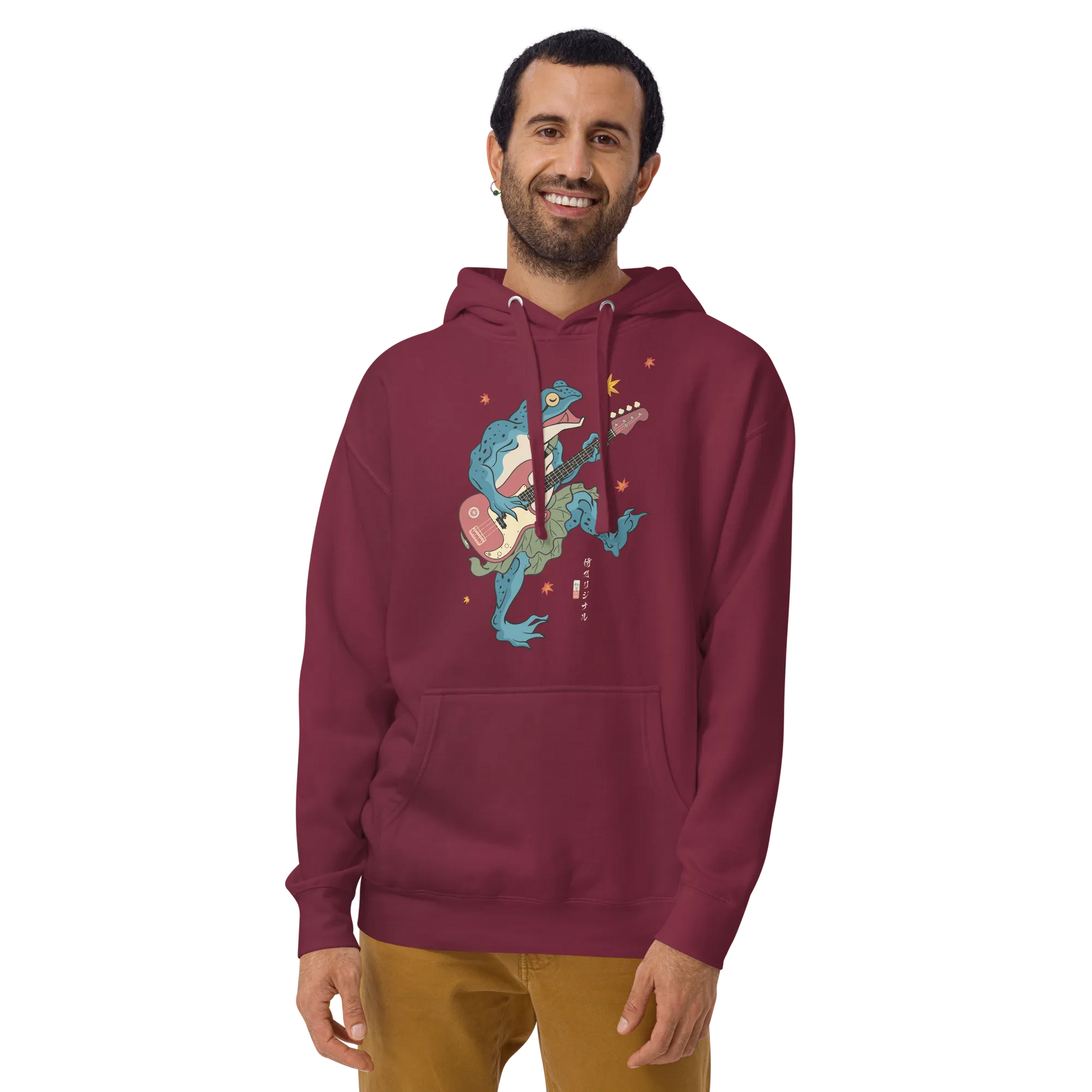 Frog Guitar Bass Funny Japanese Ukiyo-e Unisex Hoodie - Maroon / S