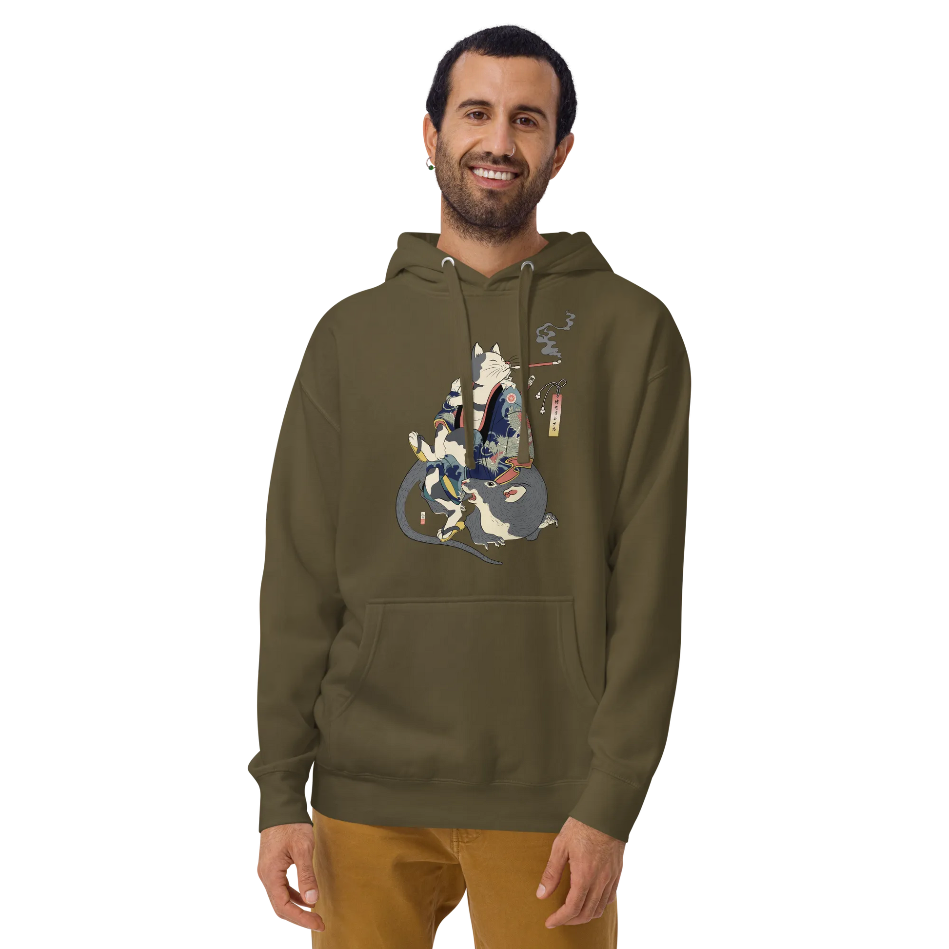 Cat and Mouse Funny Japanese Ukiyo-e Unisex Hoodie - Military Green / S