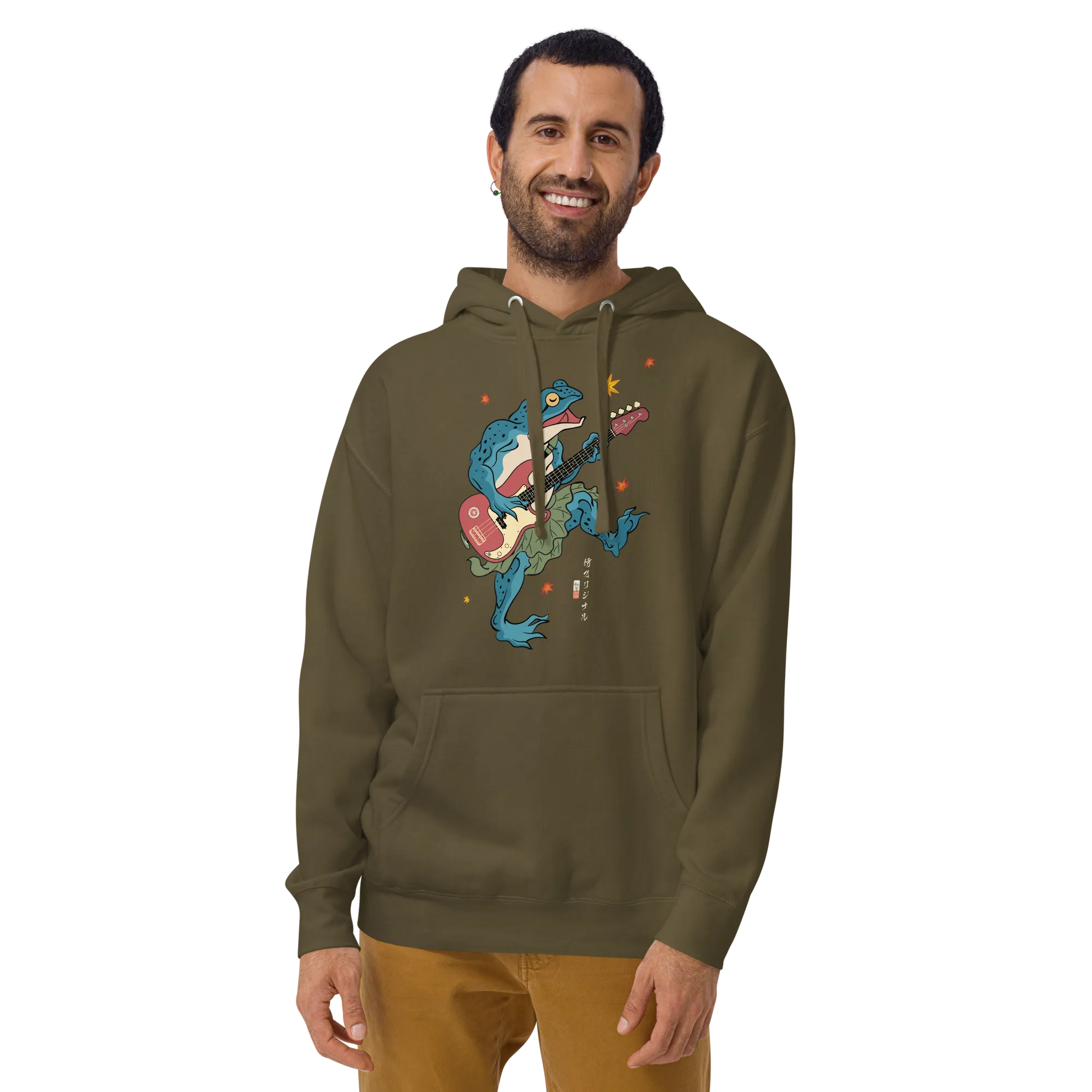 Frog Guitar Bass Funny Japanese Ukiyo-e Unisex Hoodie - Military Green / S