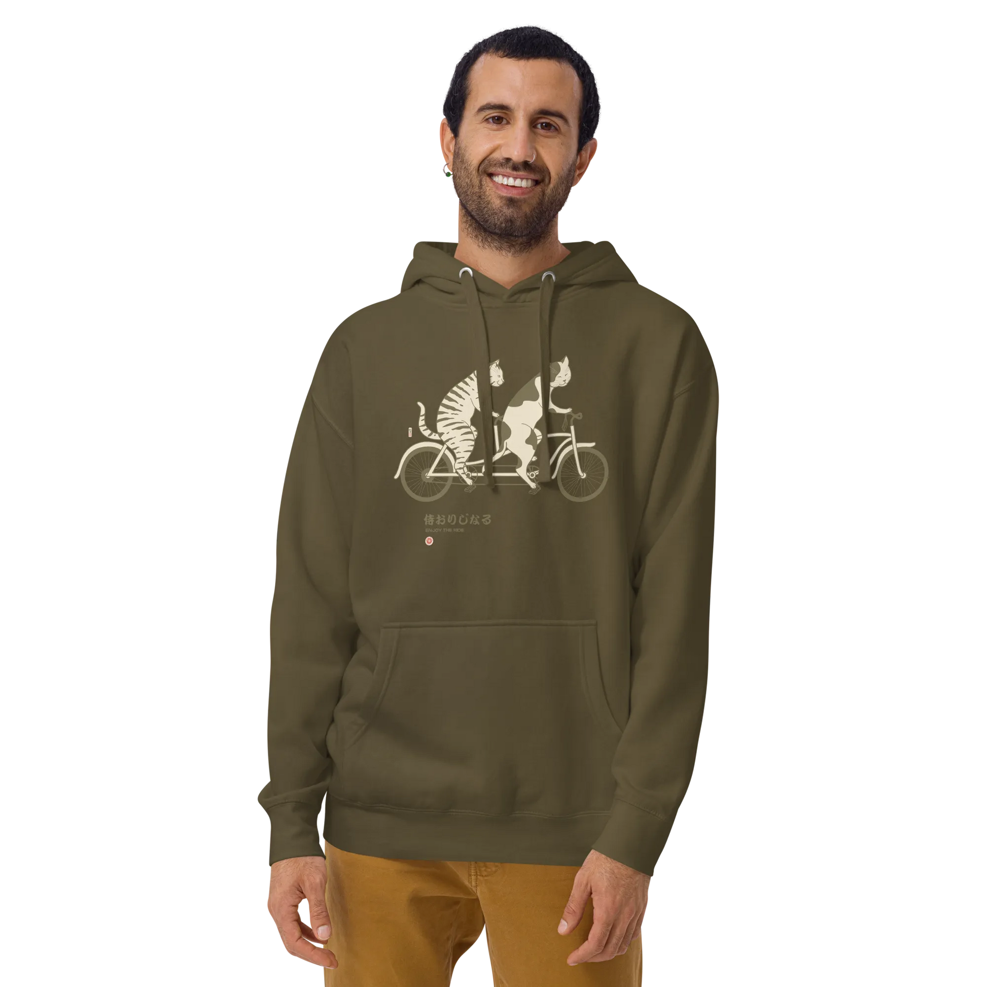 Cat Ride Funny Japanese Ukiyo-e Unisex Hoodie - Military Green / S