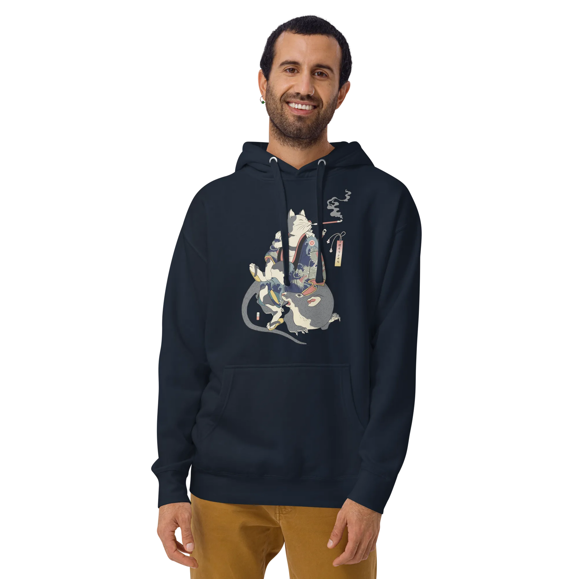 Cat and Mouse Funny Japanese Ukiyo-e Unisex Hoodie - Navy Blazer / S