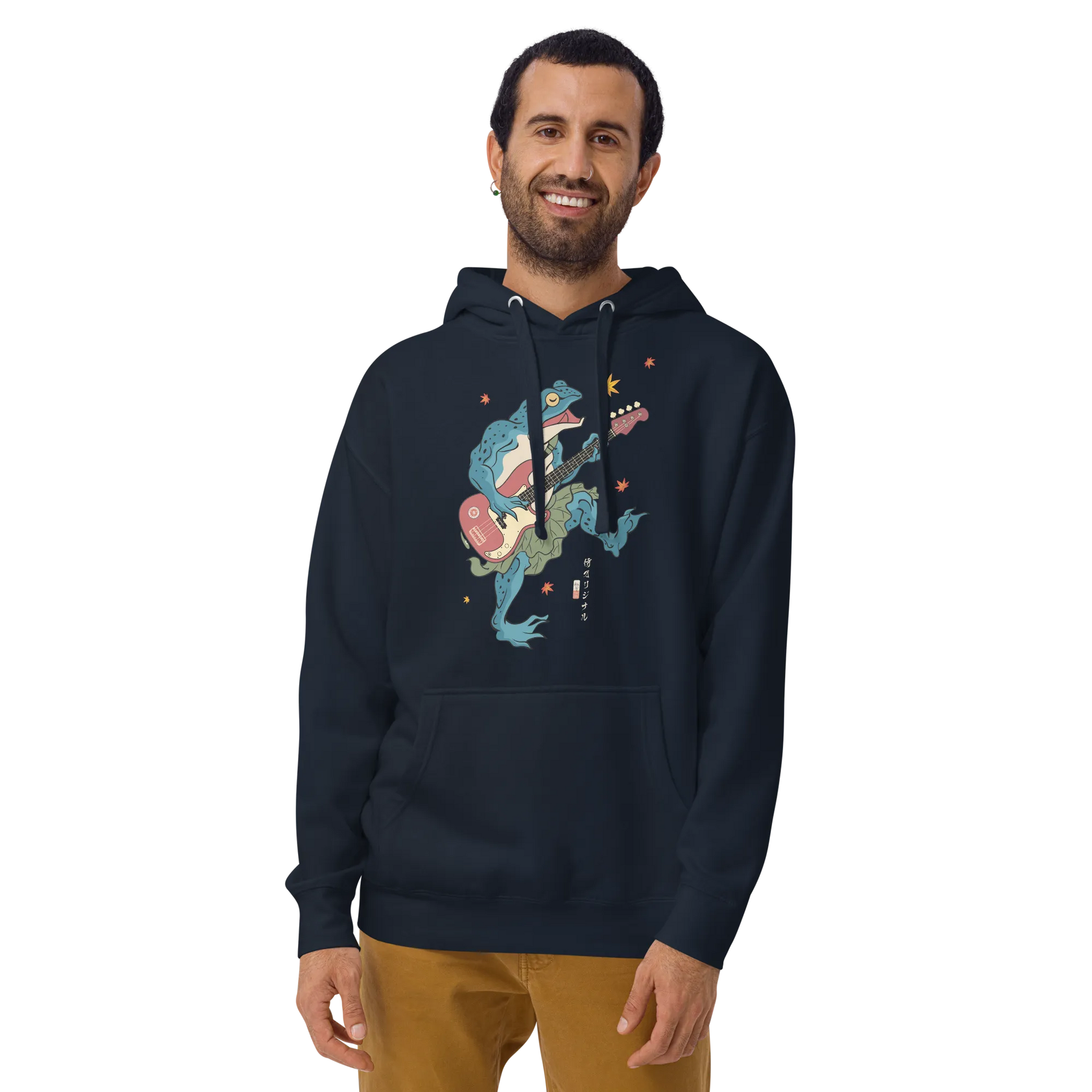 Frog Guitar Bass Funny Japanese Ukiyo-e Unisex Hoodie - Navy Blazer / S