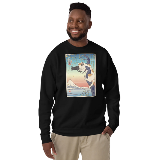 Cat Photographer Funny Japanese Ukiyo-e Unisex Premium Sweatshirt - Black / S