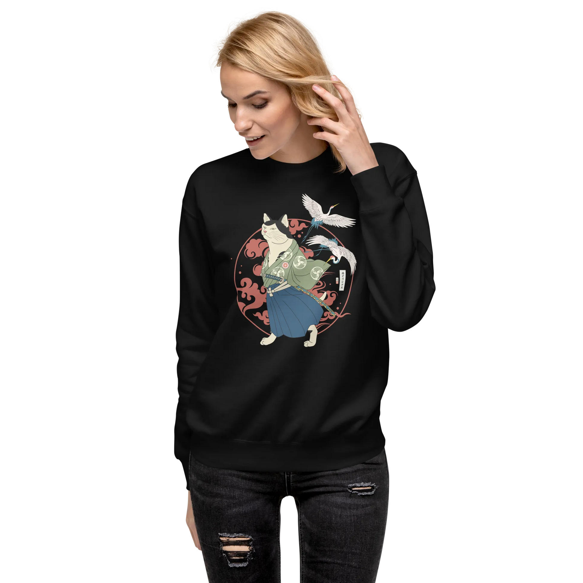 Cat Samurai Funny Ukiyo-e Japanese Unisex Premium Sweatshirt 4 -