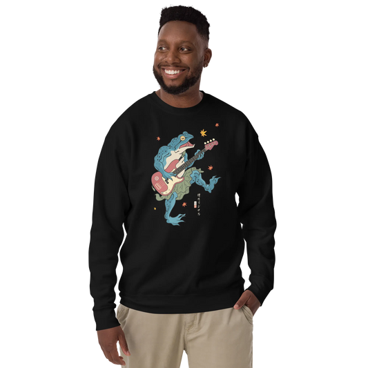 Frog Guitar Bass Funny Japanese Ukiyo-e Unisex Premium Sweatshirt - Black / S